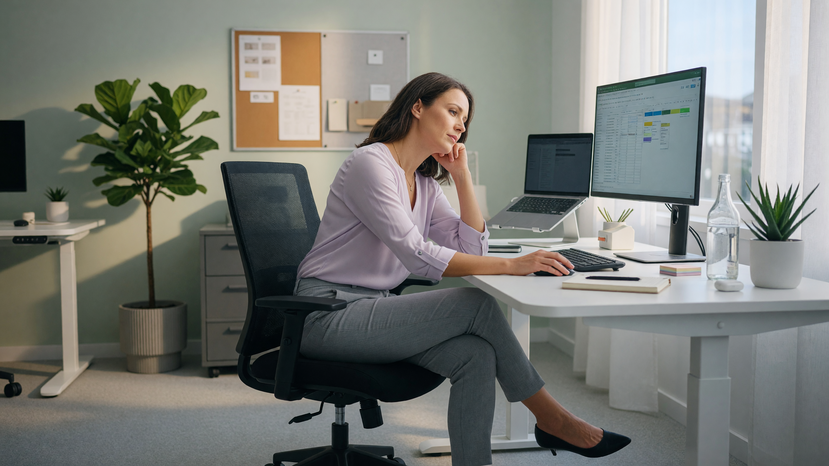 Office worker sitting for long hours at a desk, illustrating how prolonged sitting can cause piles