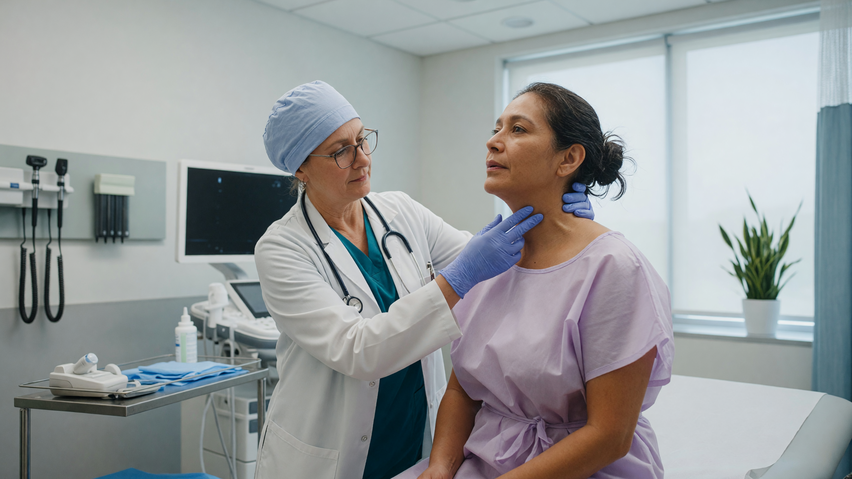 Surgeon examining a patient's neck for goitre treatment in Hyderabad