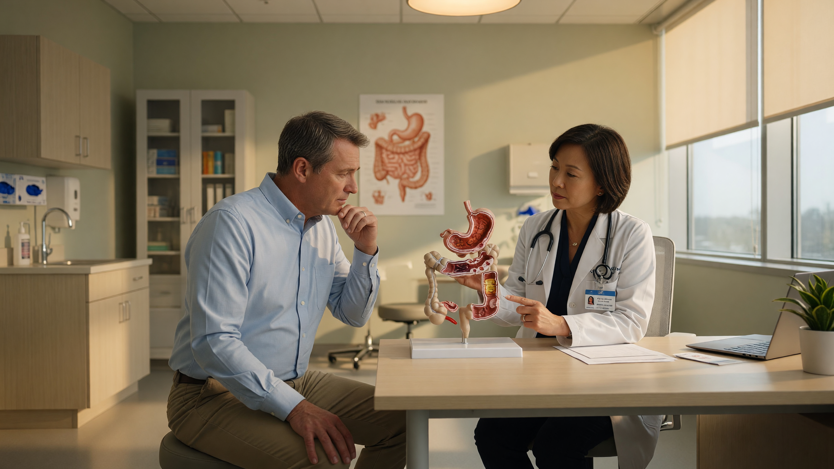 Doctor explaining rectal bleeding causes without piles to a patient at Lux Hospitals