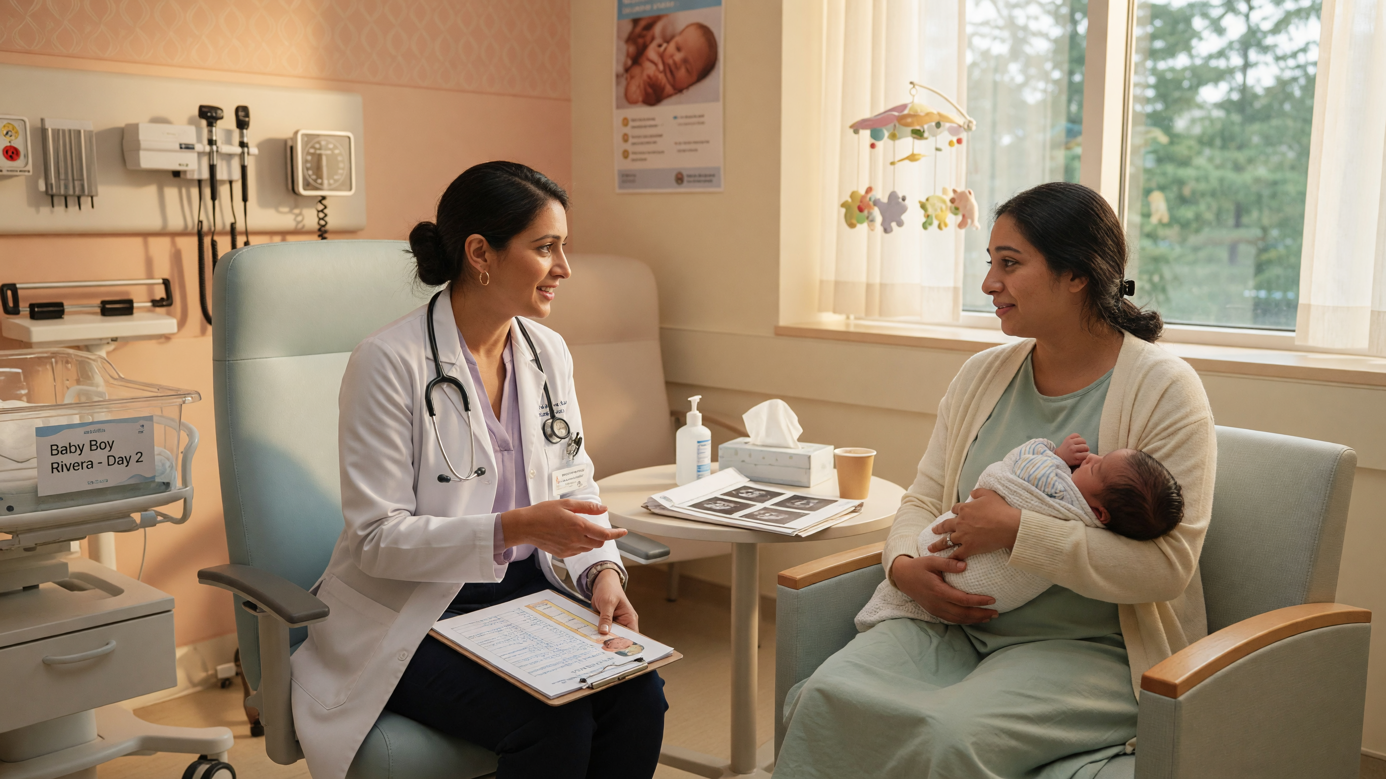 New mother experiencing postpartum constipation discomfort consulting a doctor after delivery