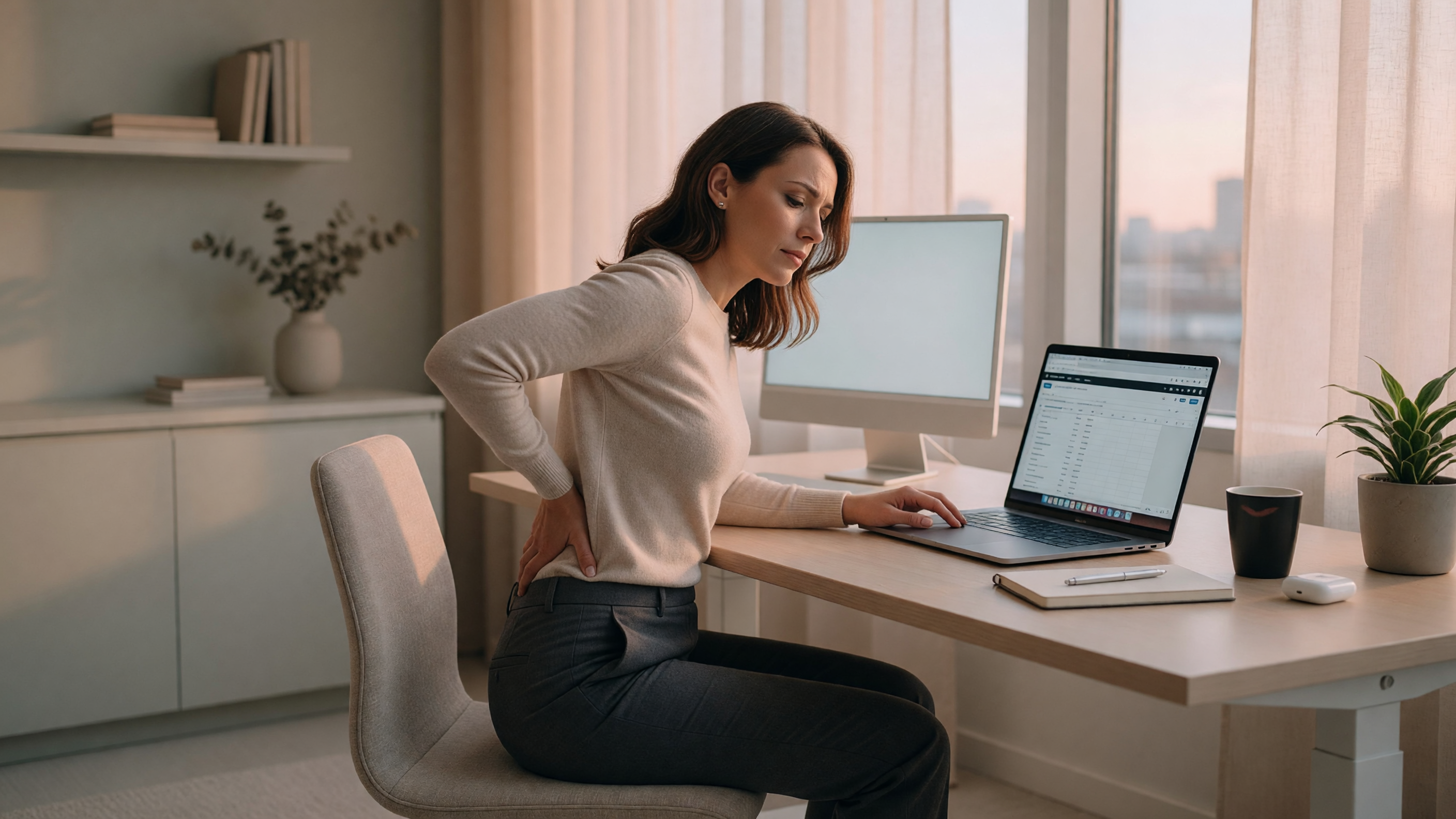Office worker sitting for long hours at a desk, illustrating how sitting for long hours can cause piles