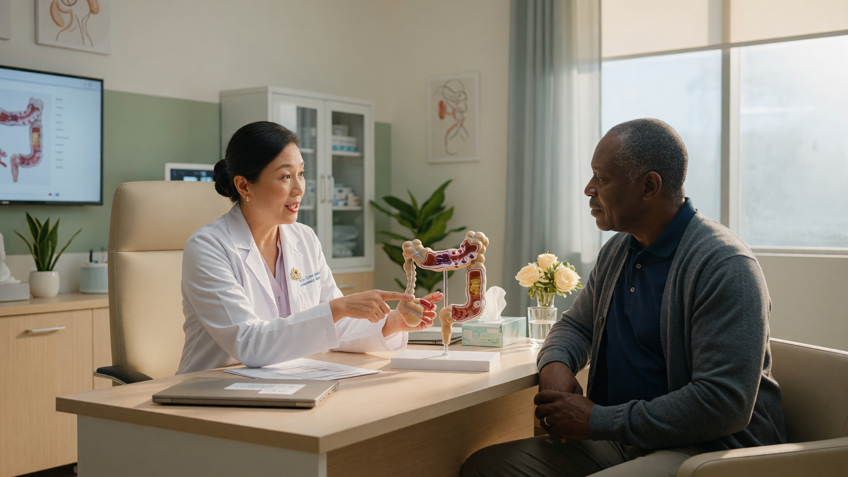 Doctor explaining anal lump causes to a patient during a colorectal consultation