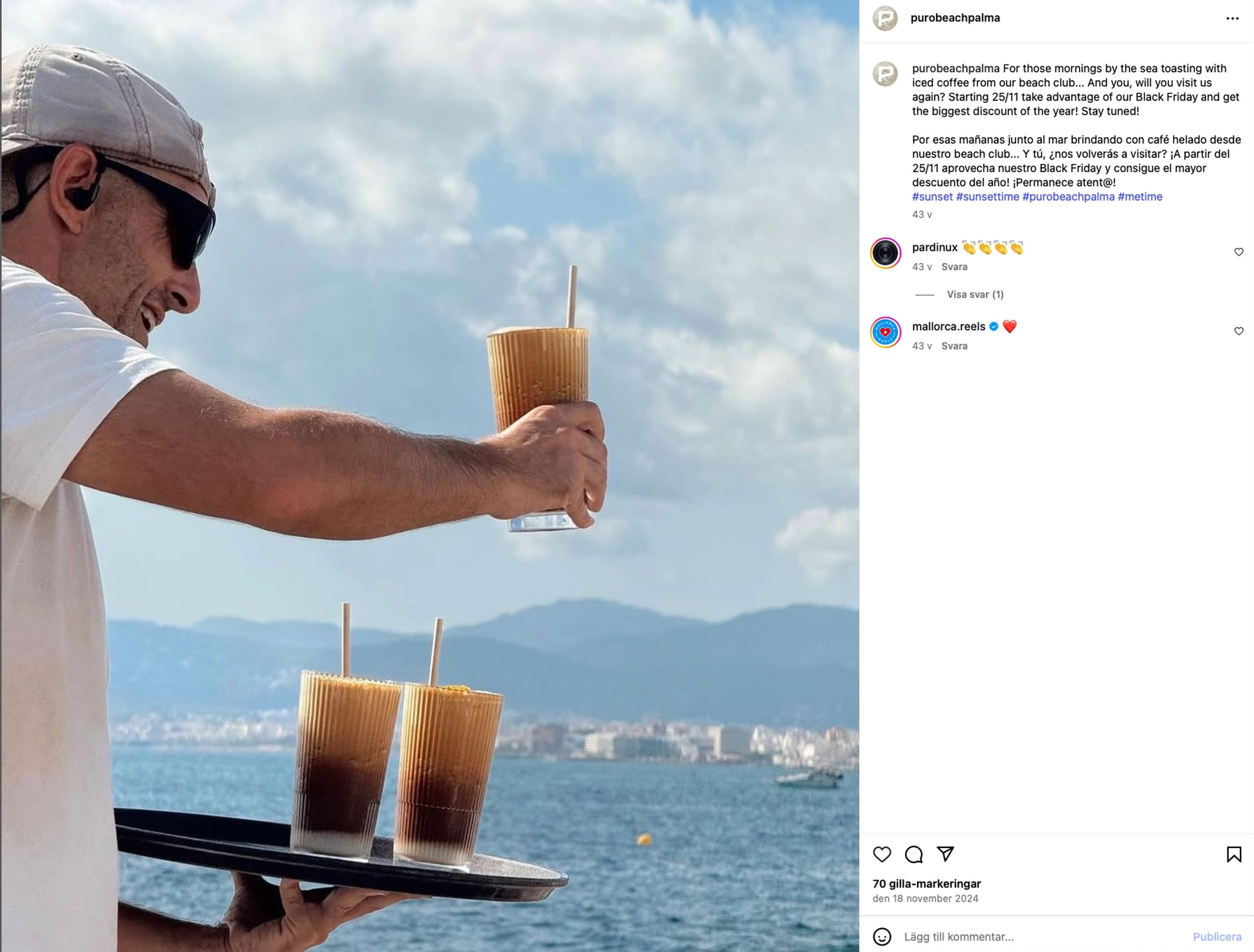 Iced coffee serveras i Stripe Highball på Purobeach Illetas med havsutsikt i bakgrunden.