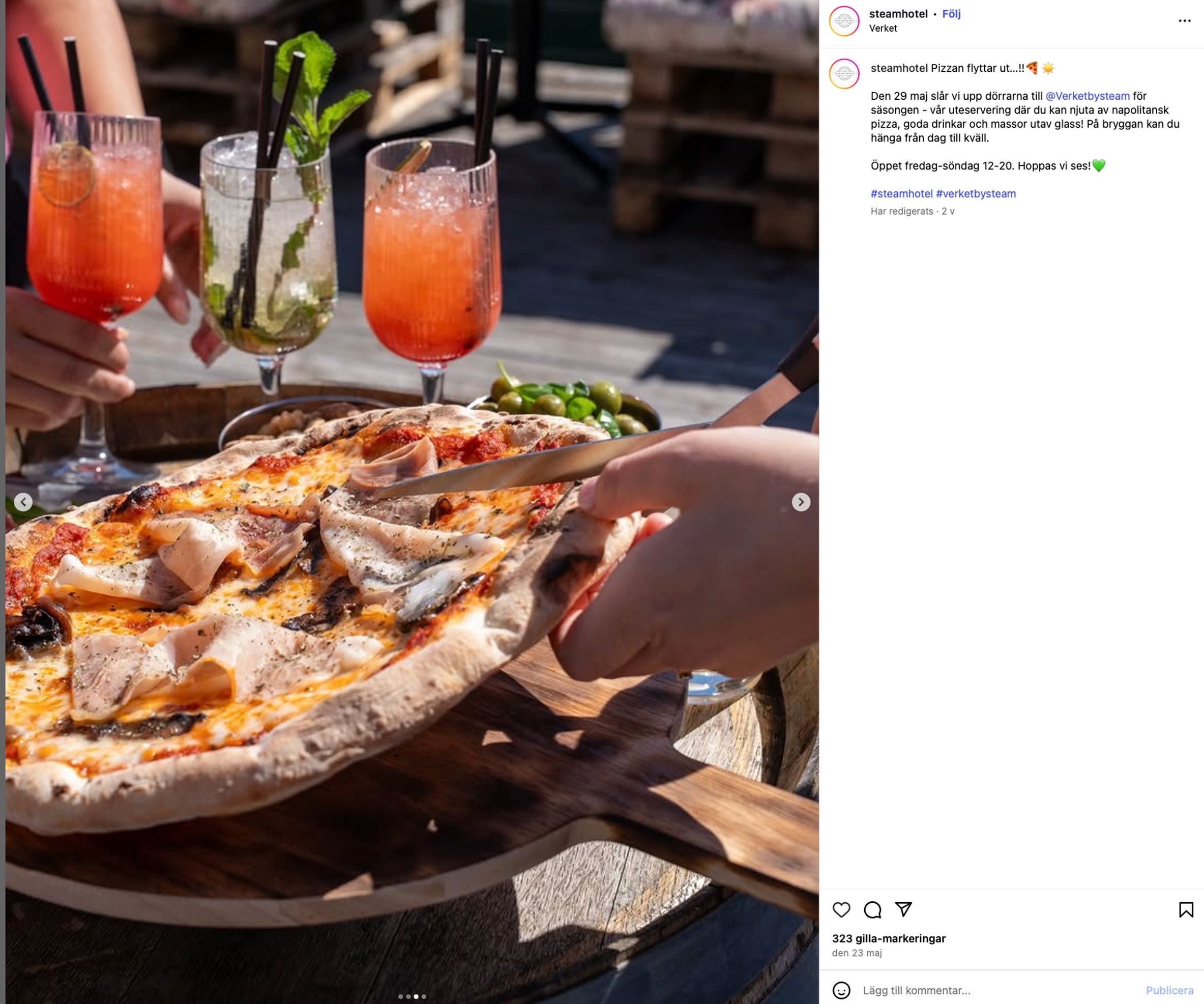 Pizza och färgglada drinkar serverade i Stripe-glas på uteserveringen hos Steam Hotel.