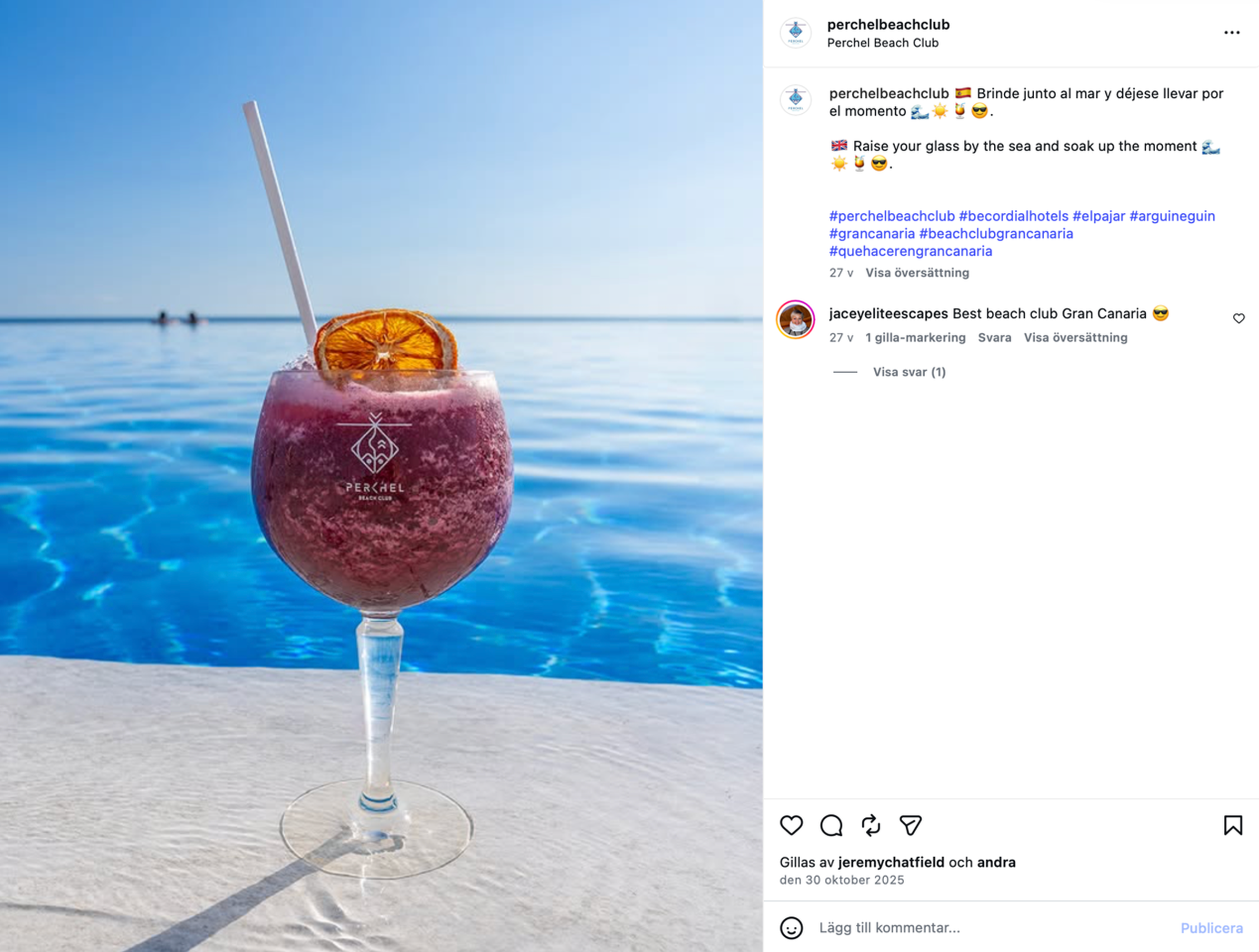 Frozen cocktail serverad i ett Palma Balloon-glas vid infinitypool med havsutsikt på Perchel Beach Club i Gran Canaria.
