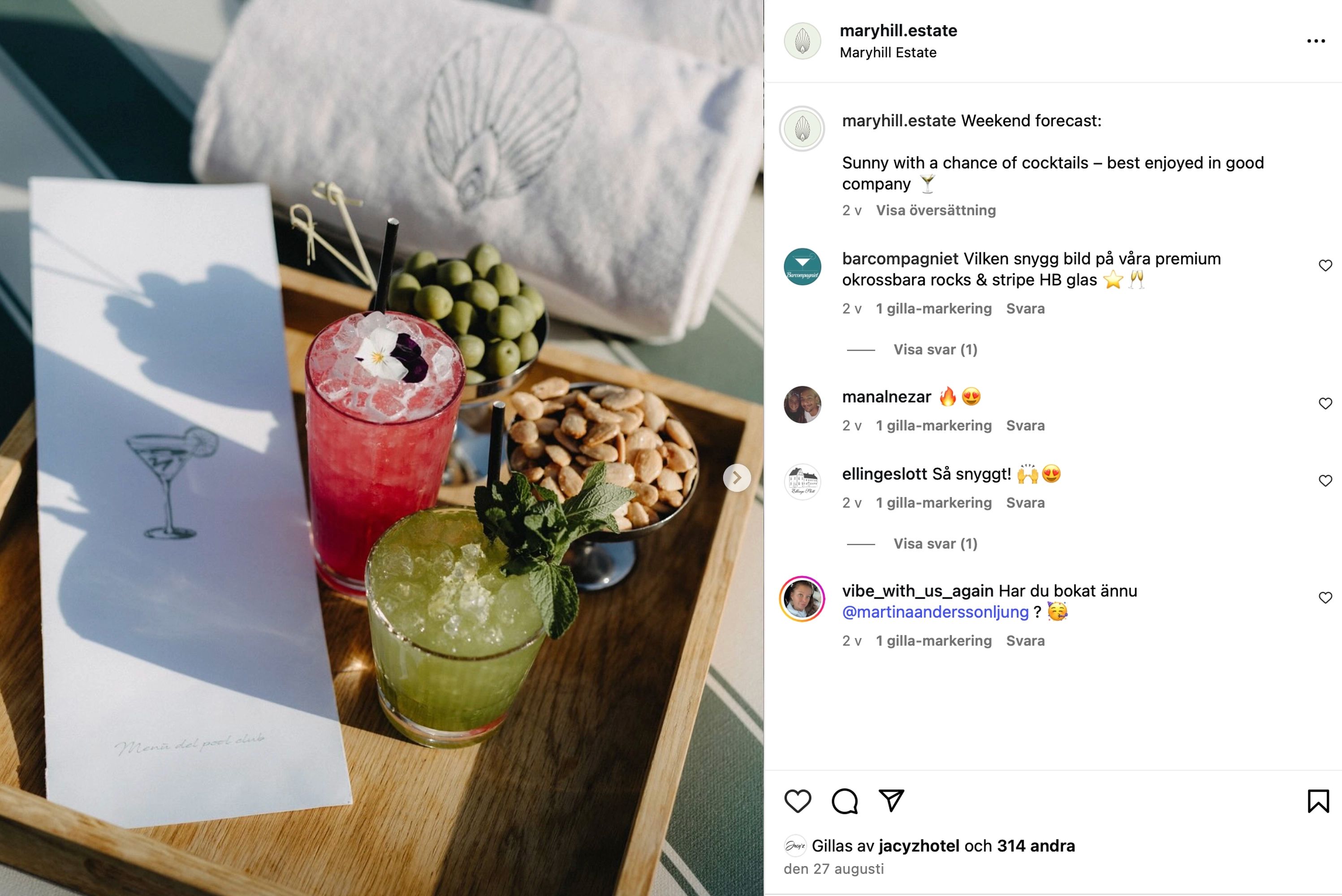 Två cocktails serverade i Stripe Rocks och Stripe Highball tillsammans med snacks på Maryhill Estate.