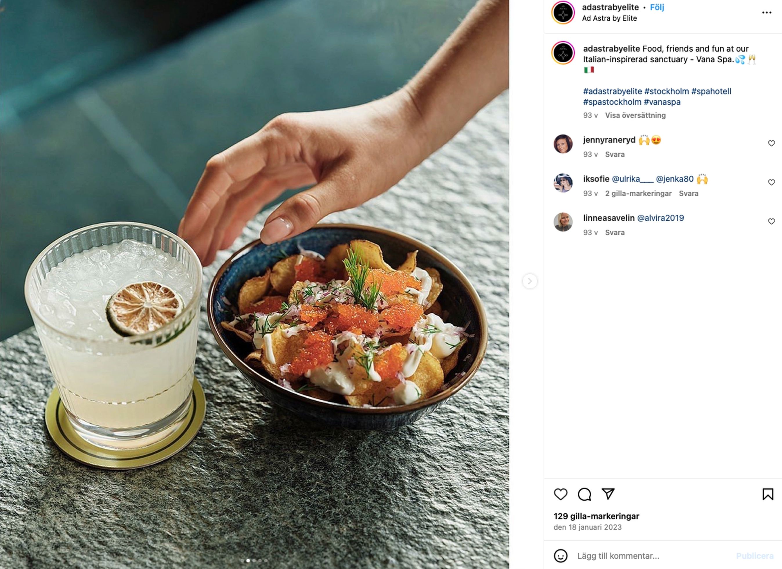 Drink serverad i Stripe Rocks glas tillsammans med snacks vid poolområdet på Ad Astra by Elite.