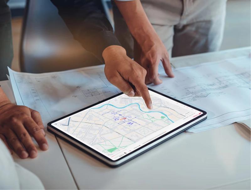 two people looking at an ipad displaying Mitigrates solution