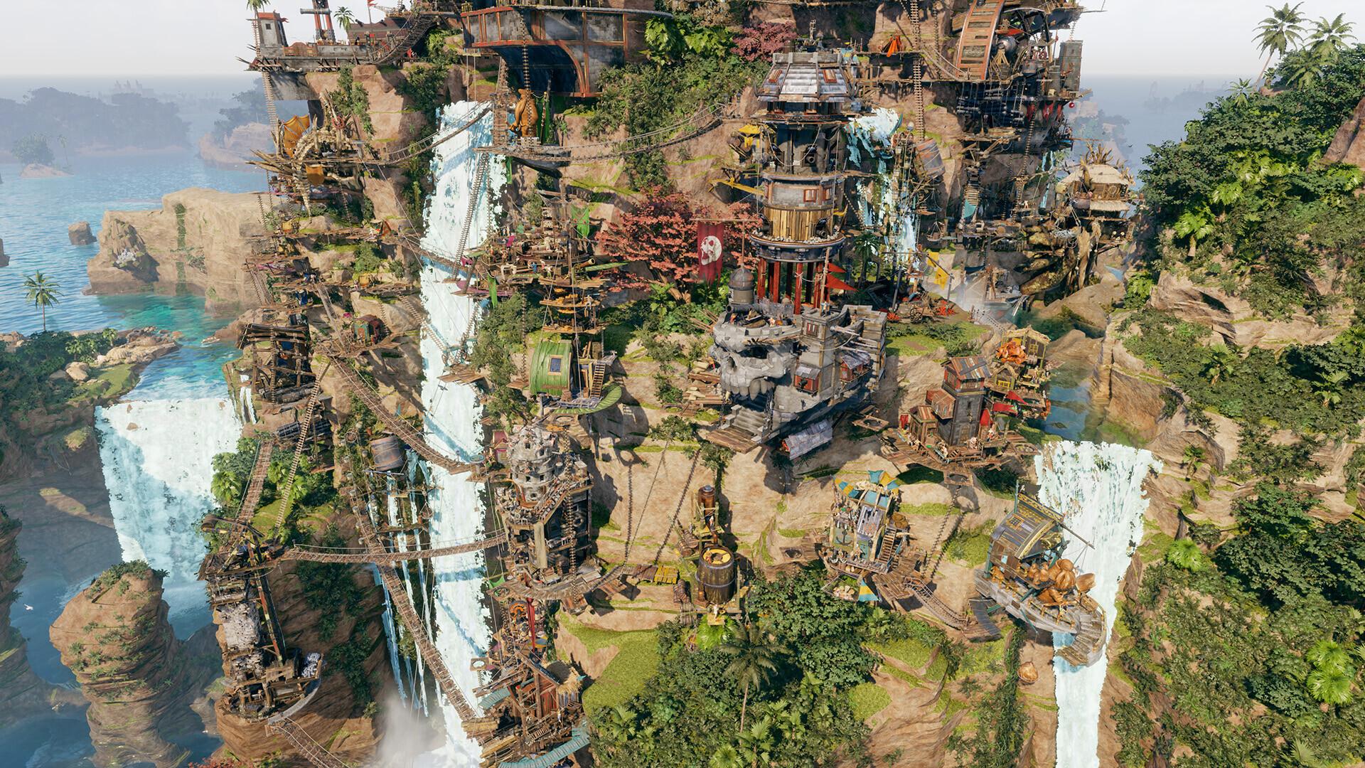 A sprawling pirate settlement built vertically into a jungle cliff face, with rope bridges, ladders and stacked wooden buildings threaded between waterfalls above a turquoise sea.