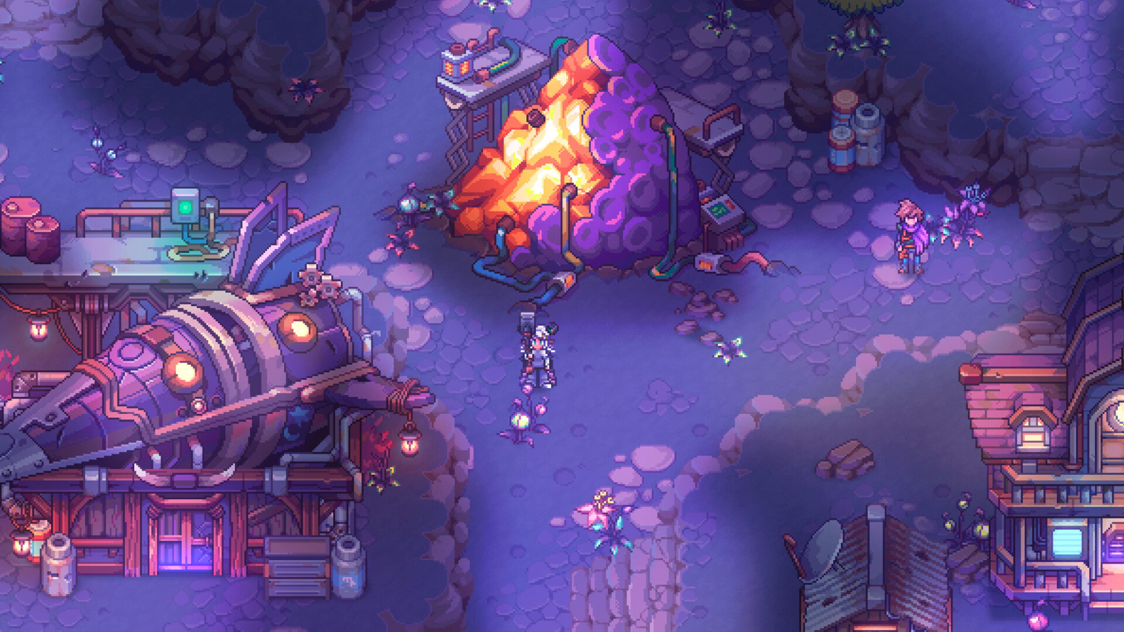A neon-lit pixel-art settlement in Soulbound: Online. Screenshot: SpiderWare.