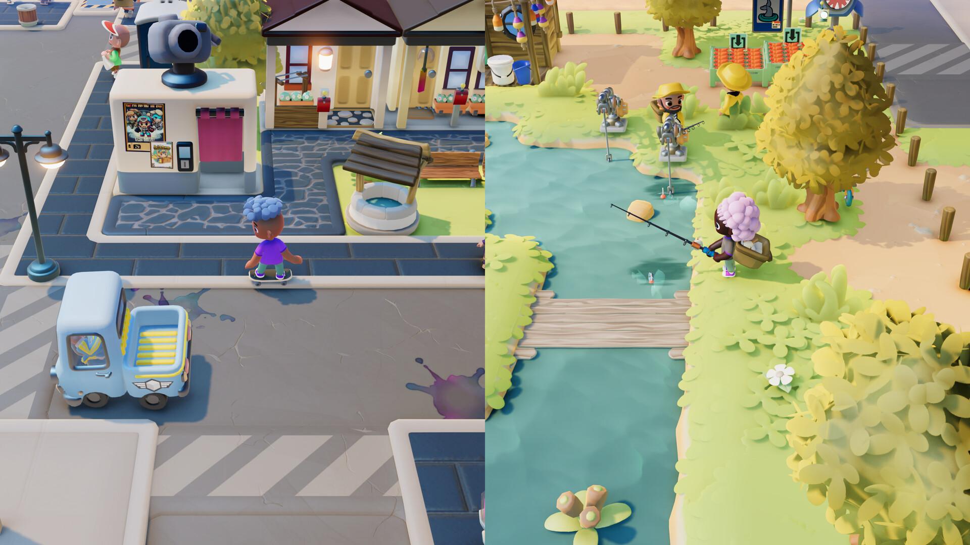 Split screen showing two mayors working different parts of the town at once