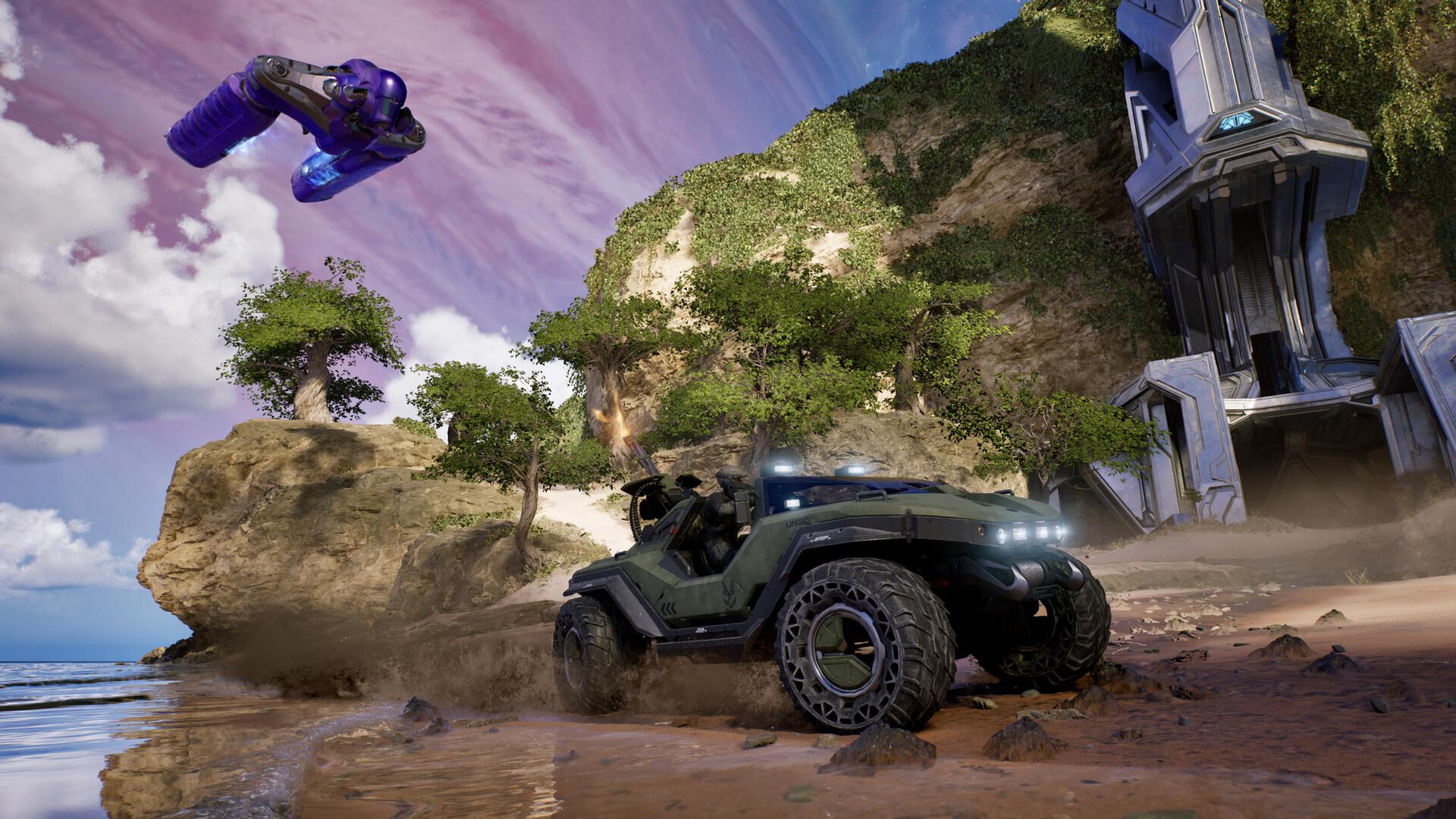 The Silent Cartographer coastline rebuilt in Unreal Engine 5. Warthog weight and Banshee strafing runs both survived the move. Screenshot via Steam / Halo Studios