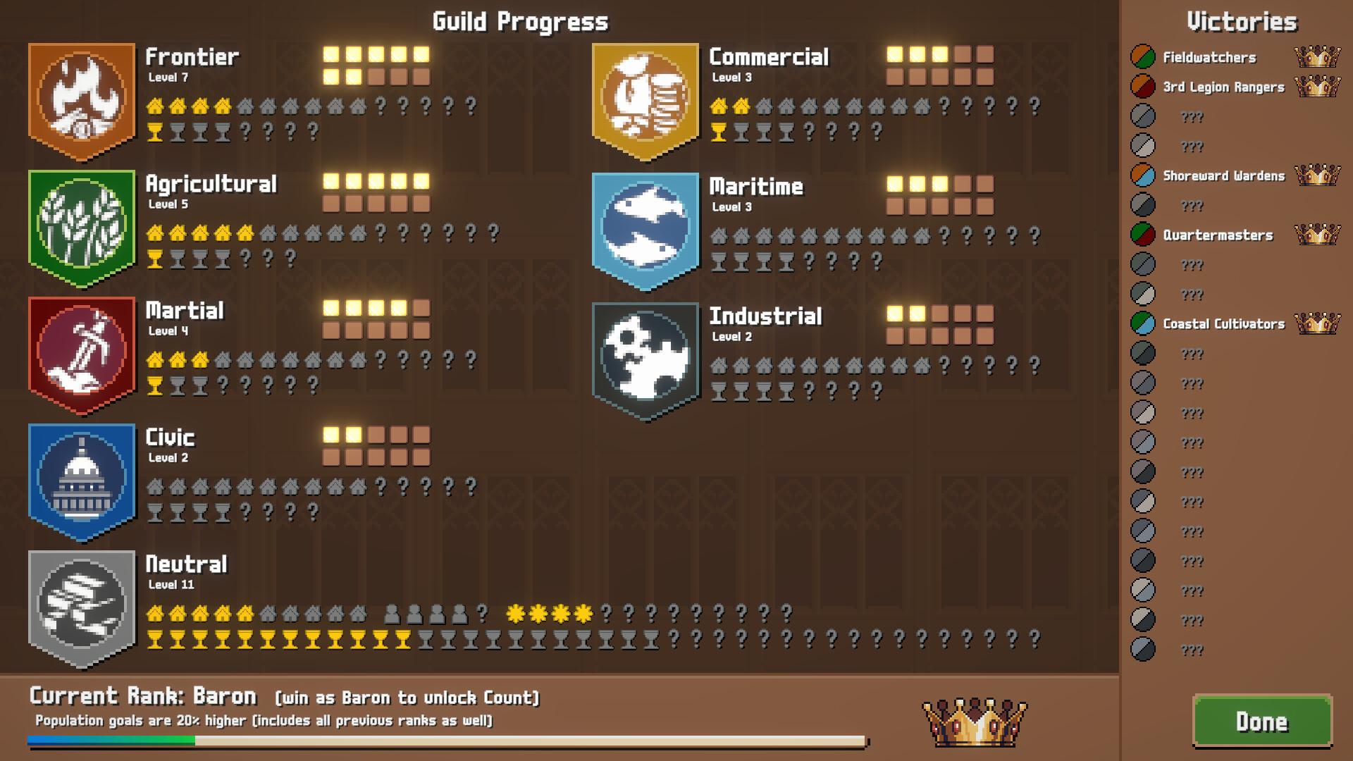 The Guild Progress screen in Combolands listing the Frontier, Agricultural, Martial, Civic, Commercial, Maritime, Industrial and Neutral guilds with their levels, a list of victories by guild pairing, and the current rank of Baron.