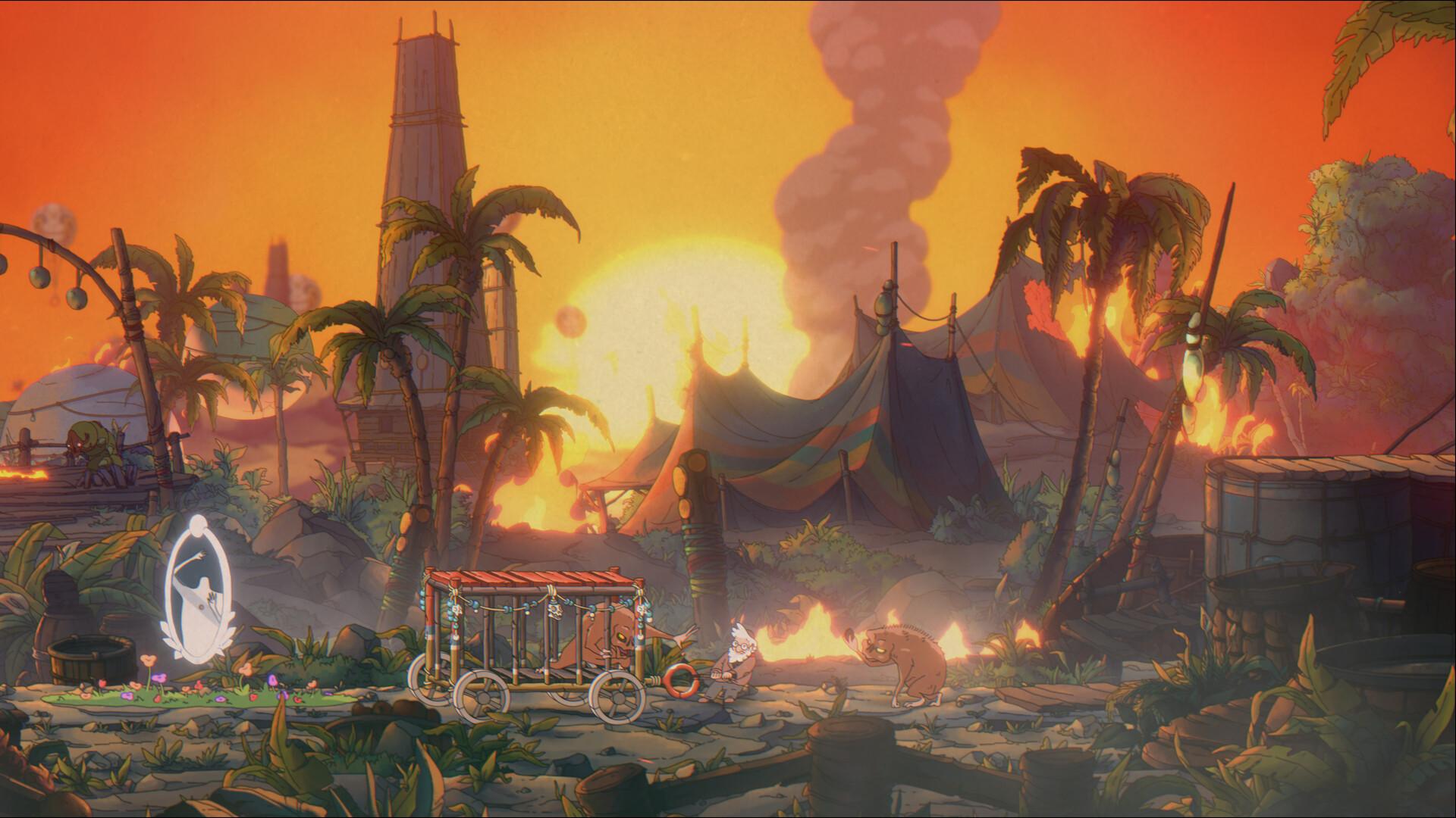 A silhouetted figure walking past palm trees and a burning wreck under an orange sky in The Eternal Life of Goldman