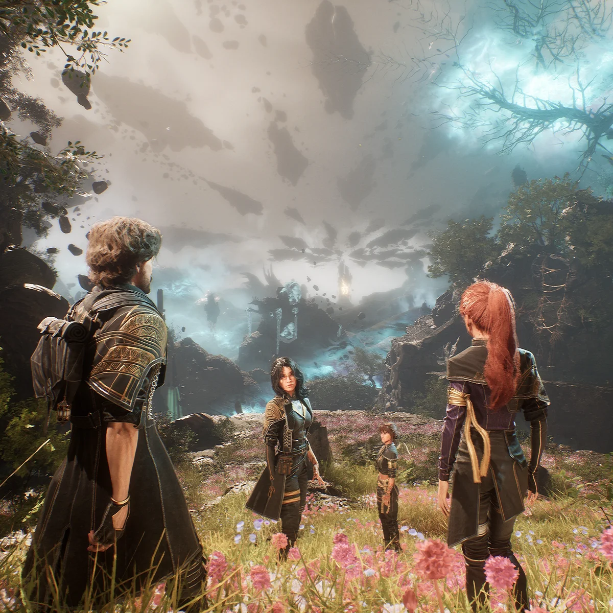 Three expedition members standing on a clifftop looking out over a vast landscape