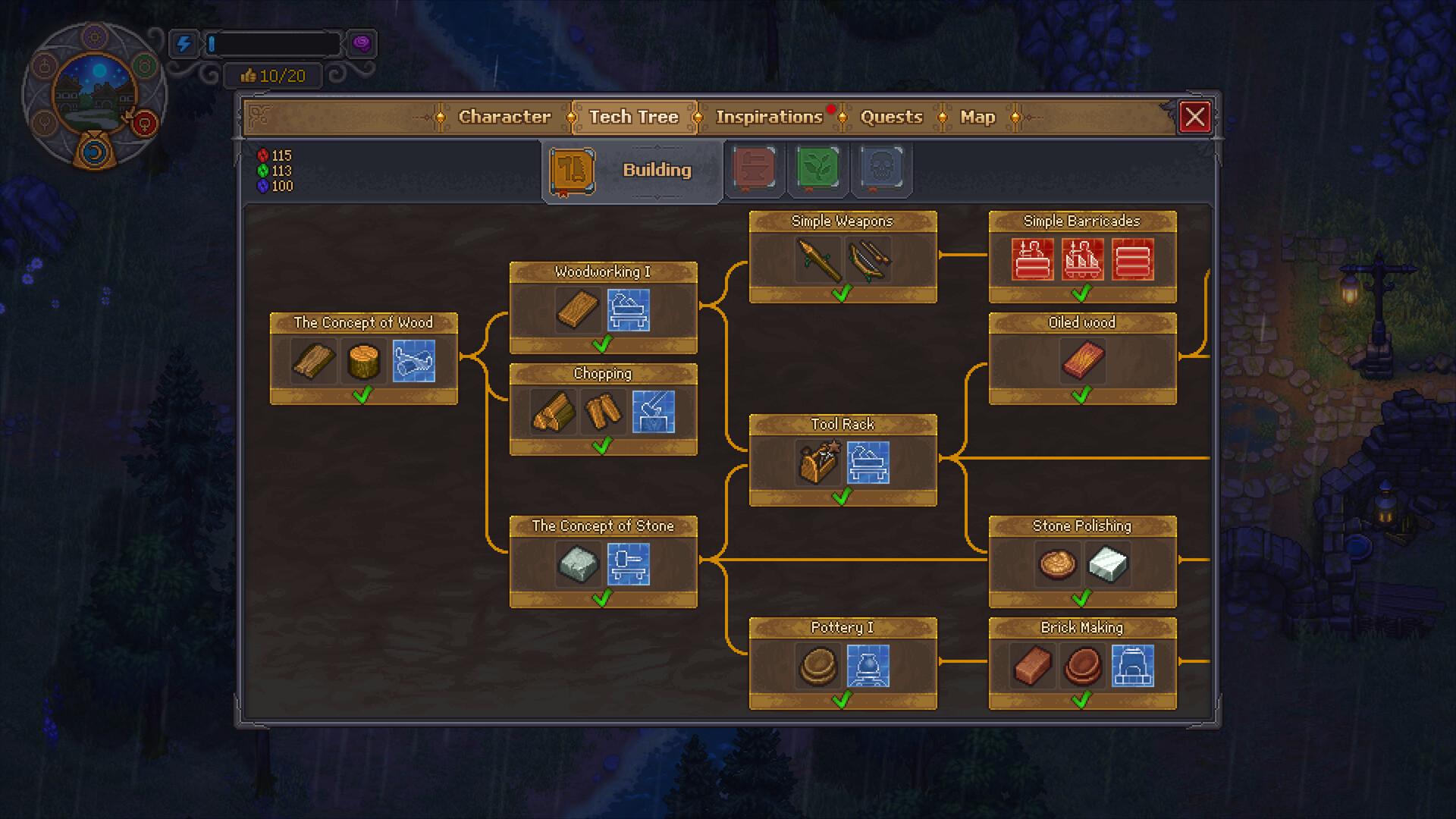 Graveyard Keeper 2 tech tree on the Building tab, with unlocked nodes including The Concept of Wood, Woodworking I, Chopping, The Concept of Stone, Tool Rack, Simple Weapons, Simple Barricades and Brick Making.