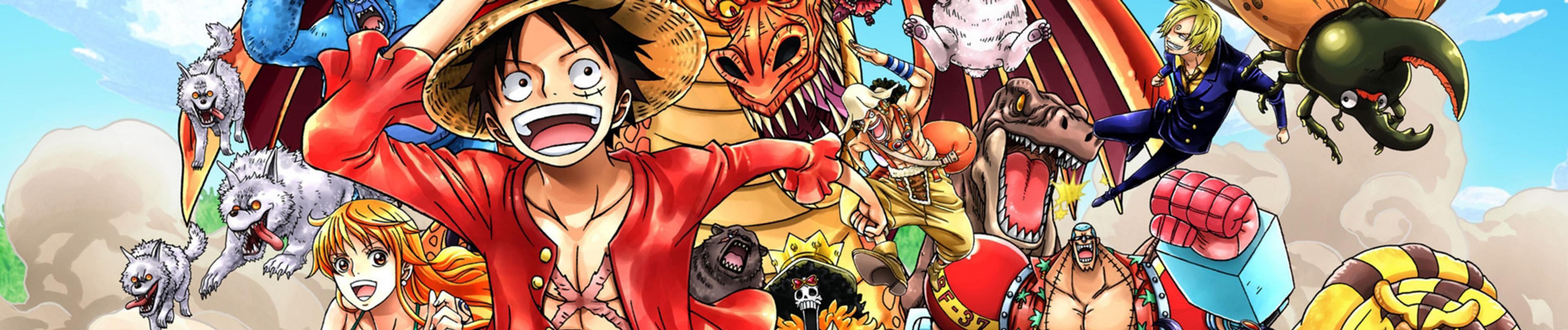 Key visual of the One Piece Straw Hat crew led by a grinning Luffy in an action montage.