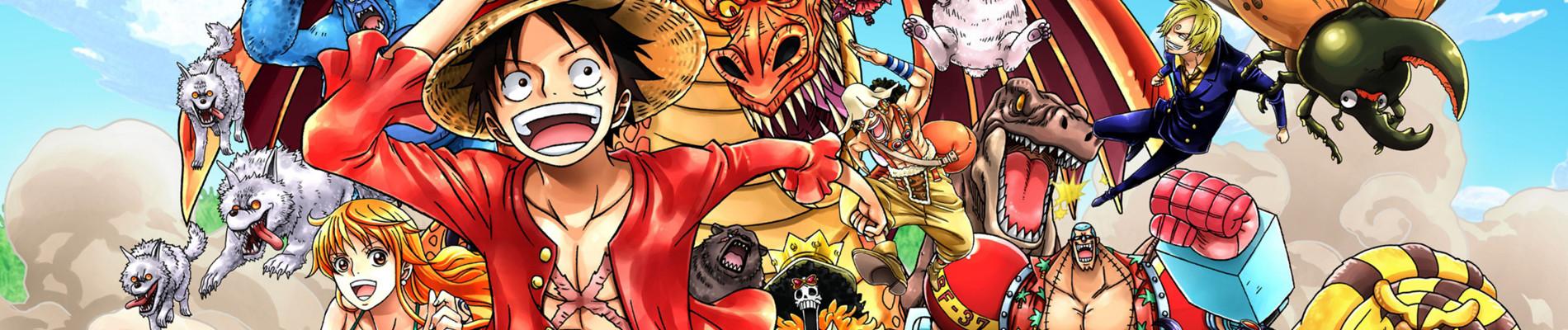 Key visual of the One Piece Straw Hat crew led by a grinning Luffy in an action montage.