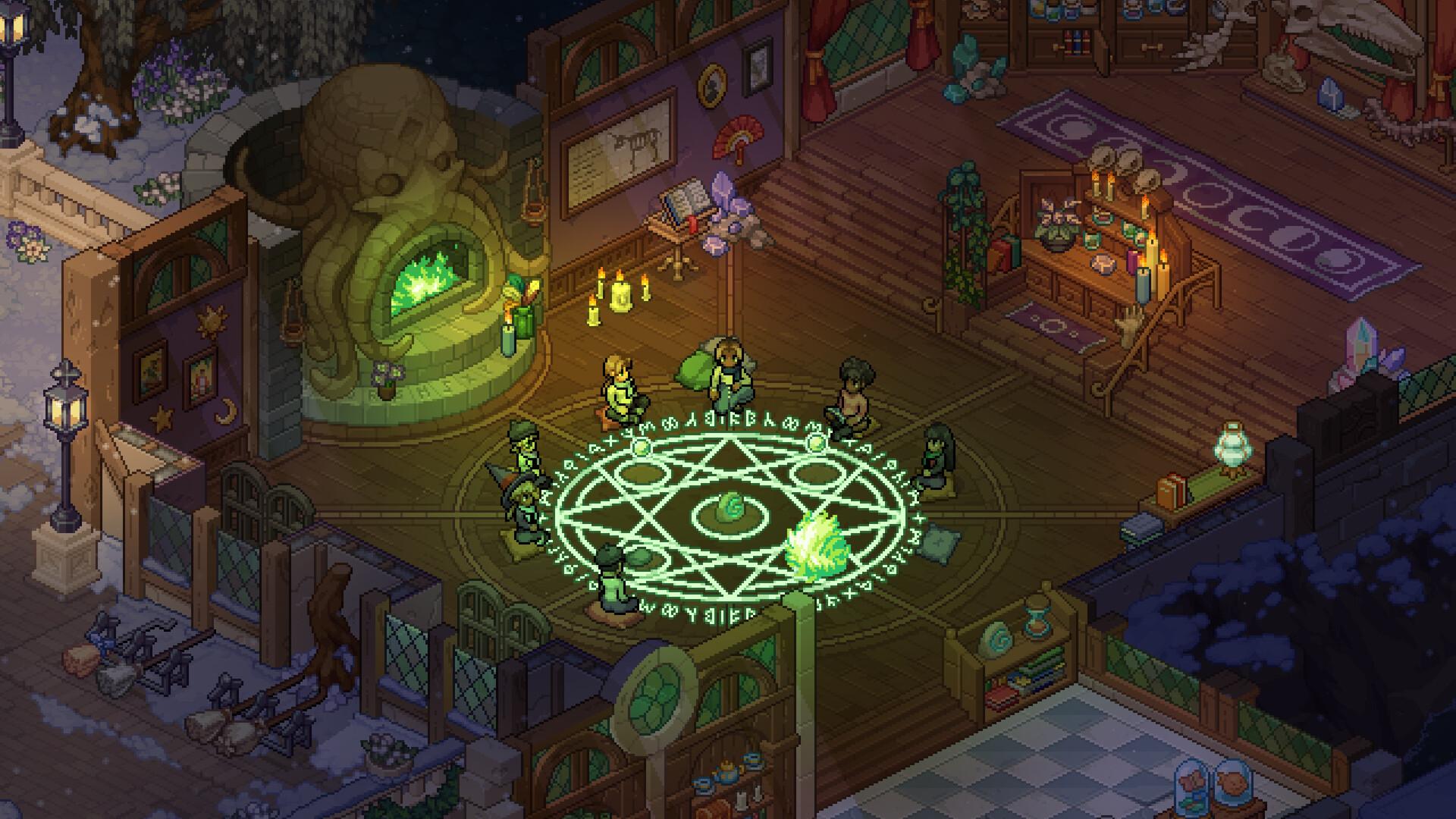 Six witches sitting cross-legged around a glowing green ritual circle on a wooden deck at night in Witchbrook, lit by candles with an octopus-shaped stone fireplace behind them