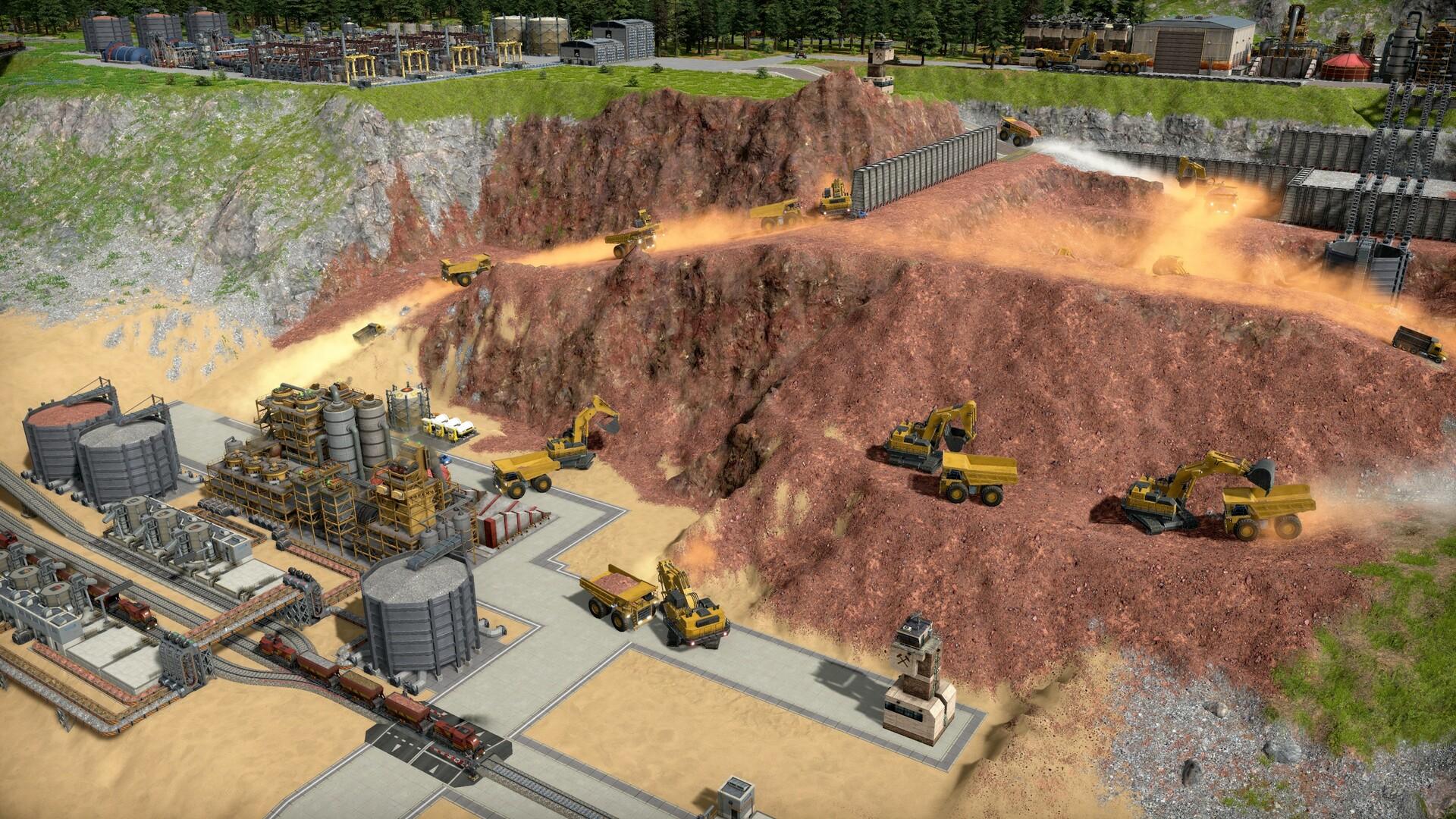 An open-pit mine cut into a red hillside in Captain of Industry, with yellow excavators loading haul trucks on several levels, dust trails behind the trucks, and ore storage silos and a rail line at the bottom of the pit.