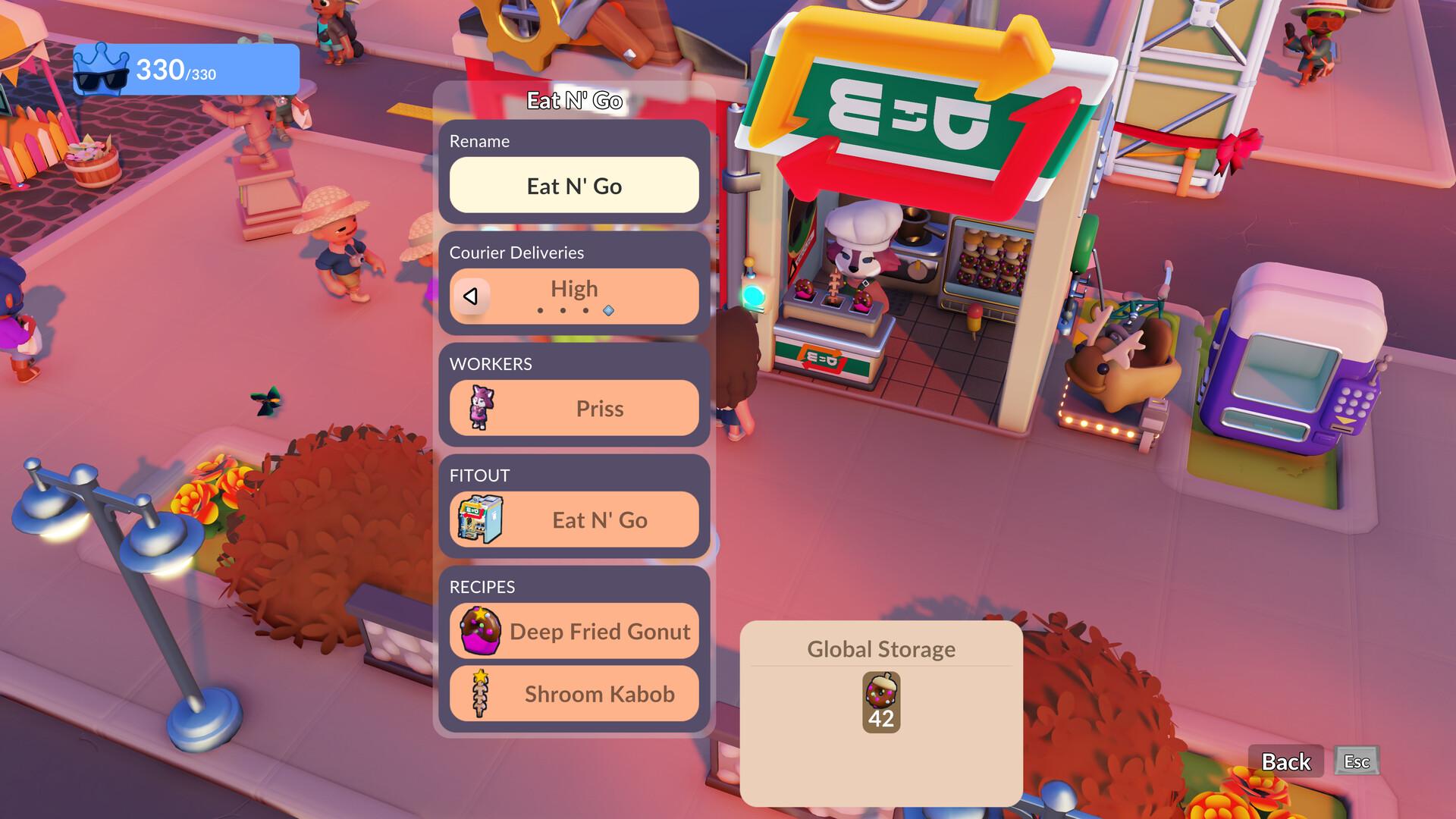 A building management panel showing staff, recipes and stock settings