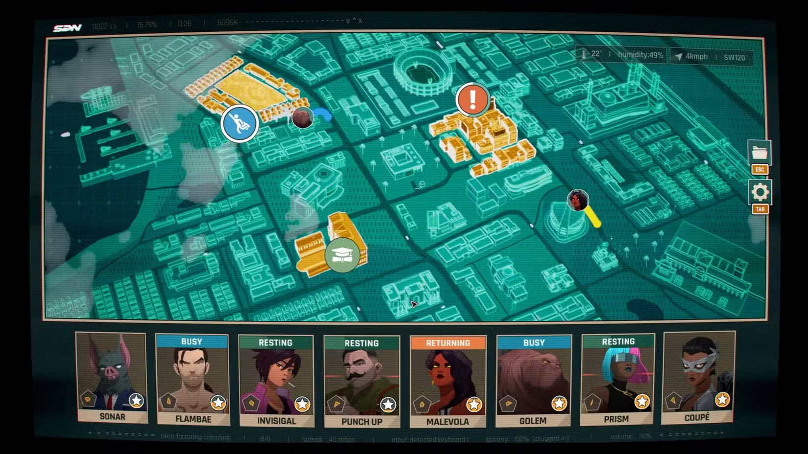 The dispatch map screen: a city grid with incident markers and a team roster below