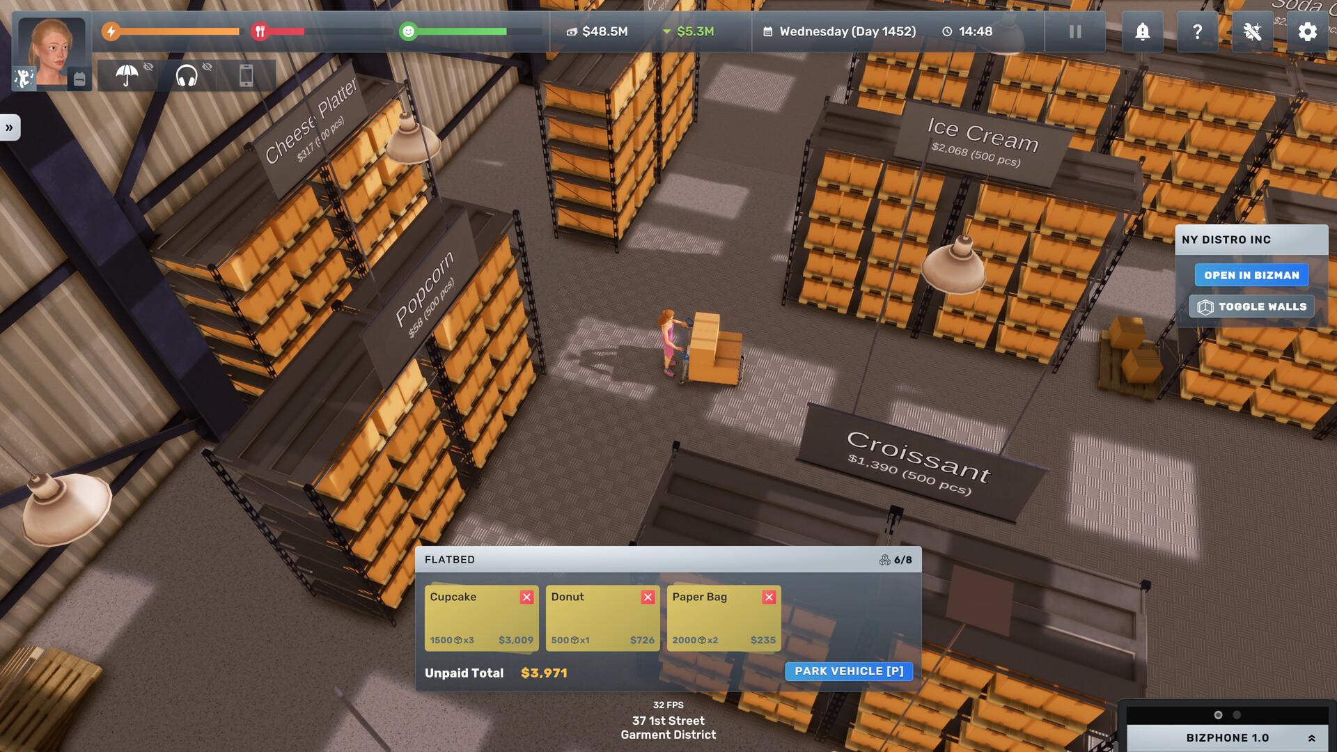 A character pushes a hand truck stacked with boxes through the NY Distro Inc wholesale warehouse in Big Ambitions, past shelving labelled Popcorn, Ice Cream and Croissant, with a flatbed order panel listing cupcakes, donuts and paper bags.