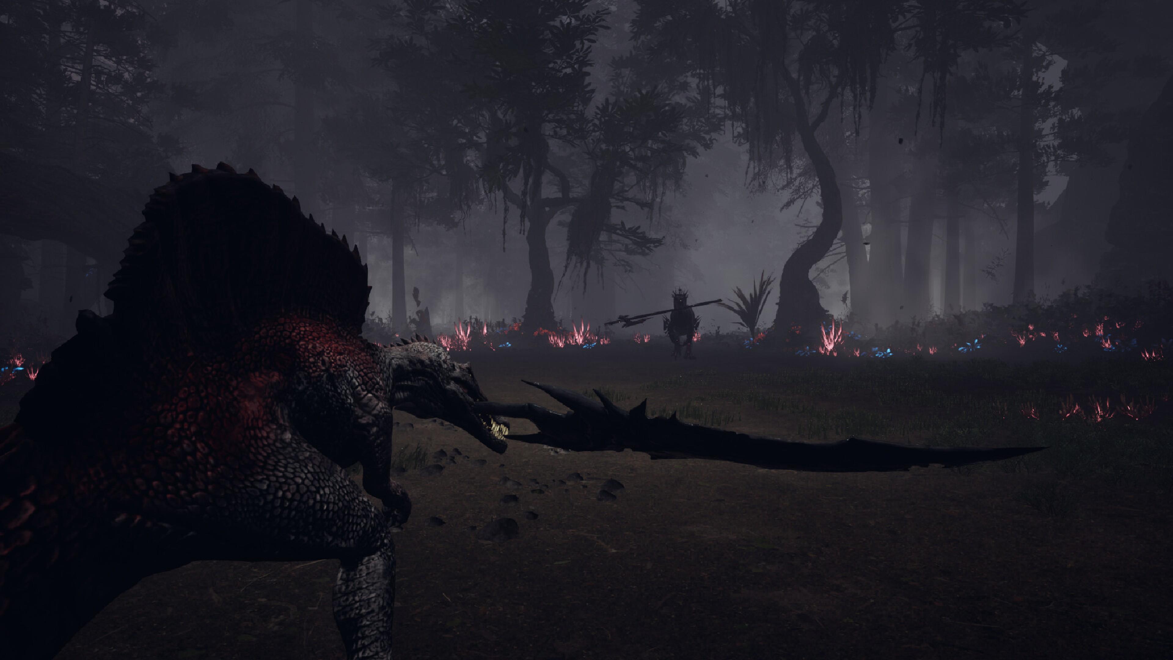 A young Spinosaurus grips a massive greatsword in its jaws as it faces a spear-wielding enemy dinosaur across a misty prehistoric jungle.