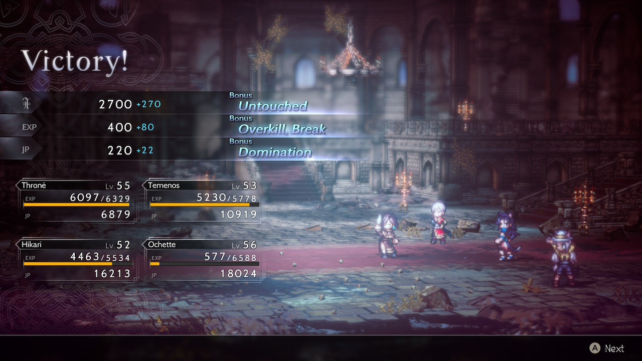 The Victory screen tallying experience and job points after a battle