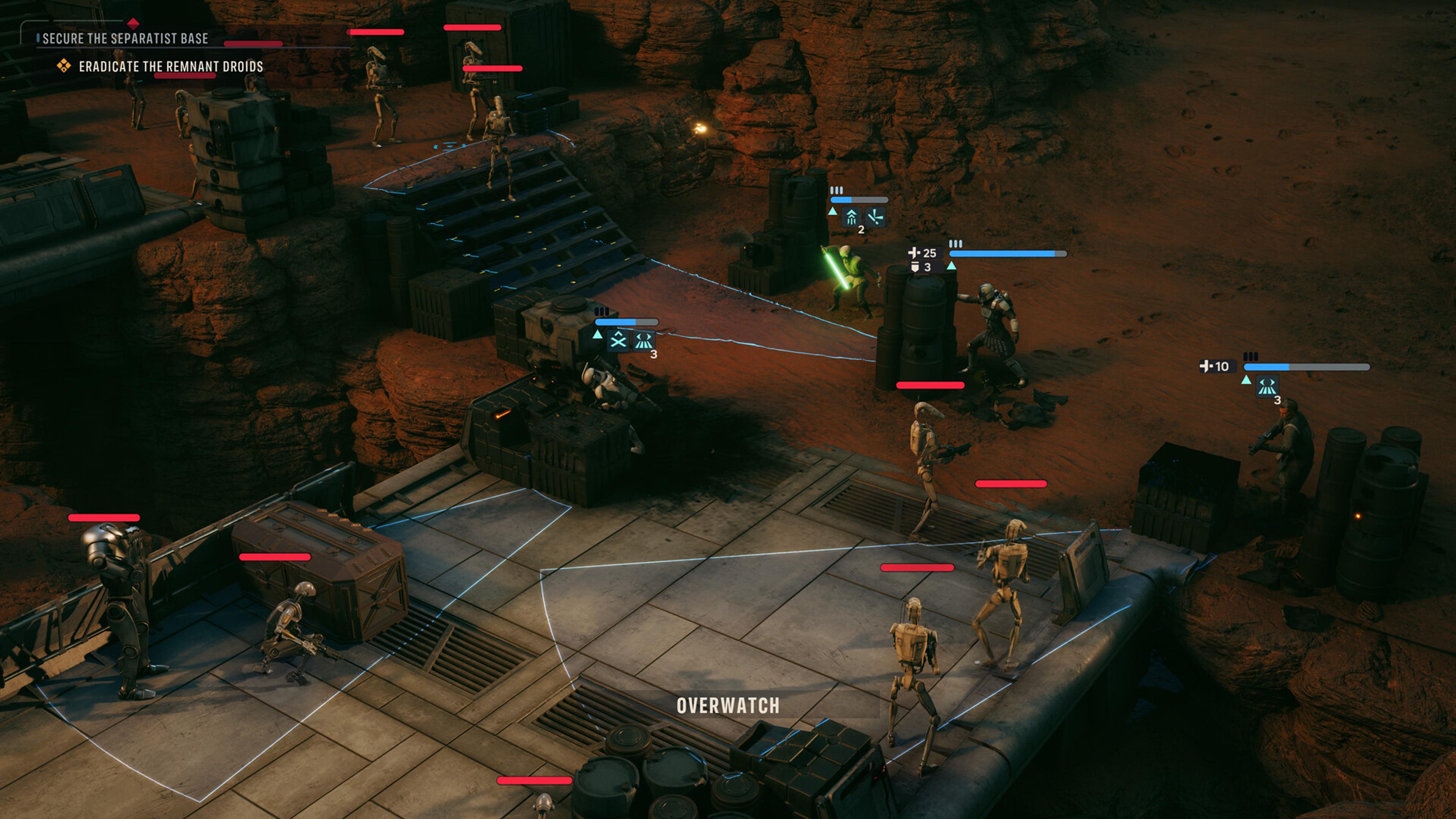 A turn-based combat scene in Star Wars Zero Company showing squad members in cover on a red rocky map facing battle droids, with an Overwatch prompt on screen