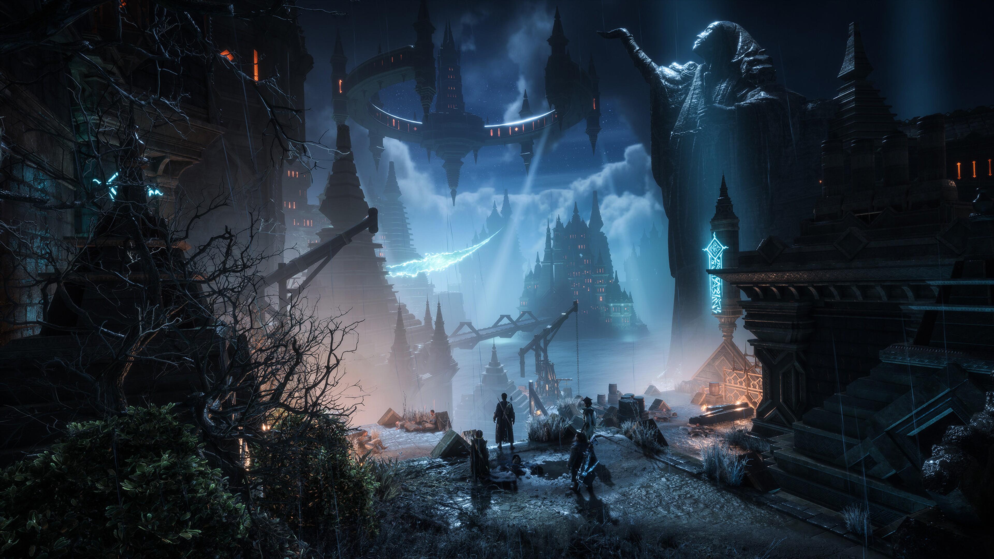 A ruined elven city at night with glowing towers and a vast hooded statue. Screenshot from Dragon Age: The Veilguard via Steam / BioWare.