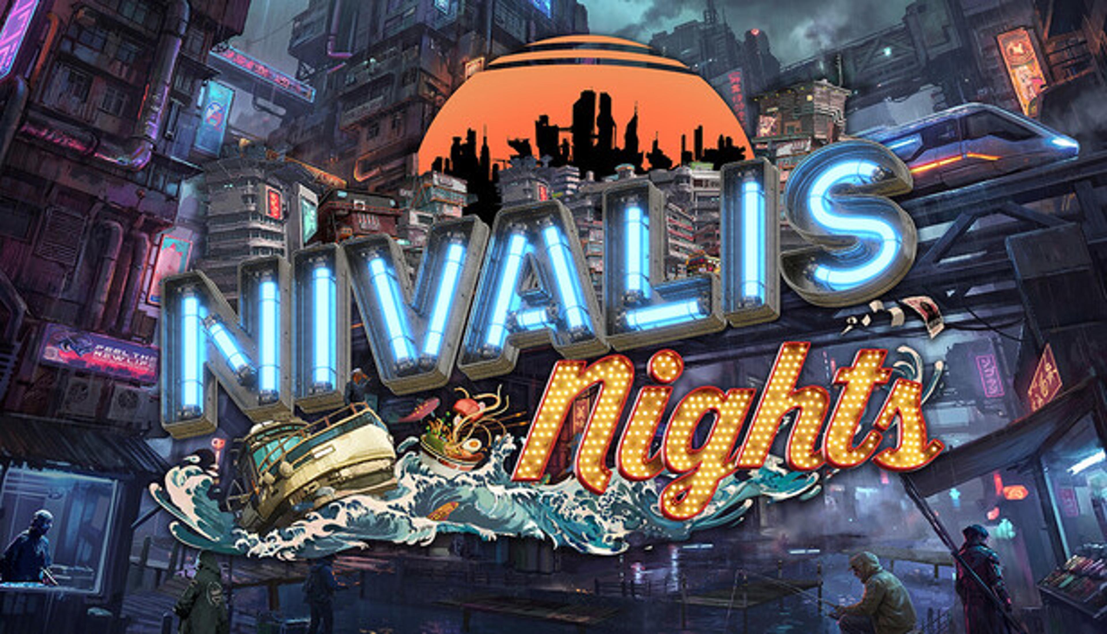 Nivalis Nights official Steam art, neon signage over a flooded cyberpunk street (ION LANDS)