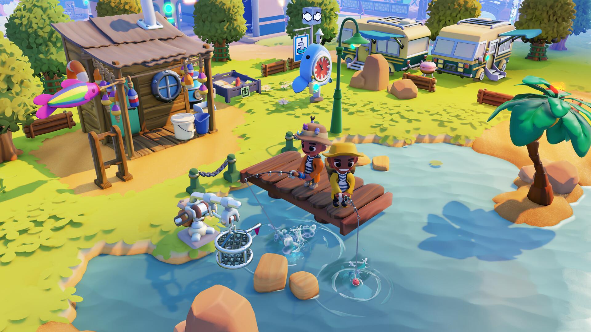 Two players fishing from a jetty beside a river and palm trees