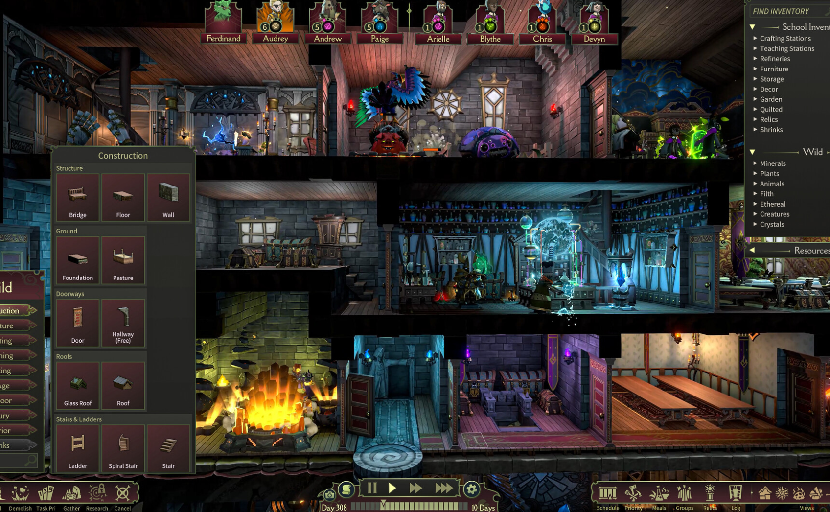 The build menu open over the school interior, room options listed at the right