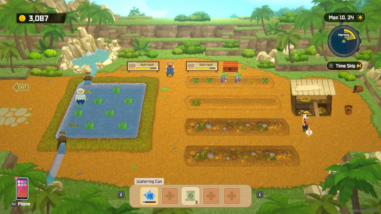 The farm plots laid out in rows with a day counter and time-of-day dial