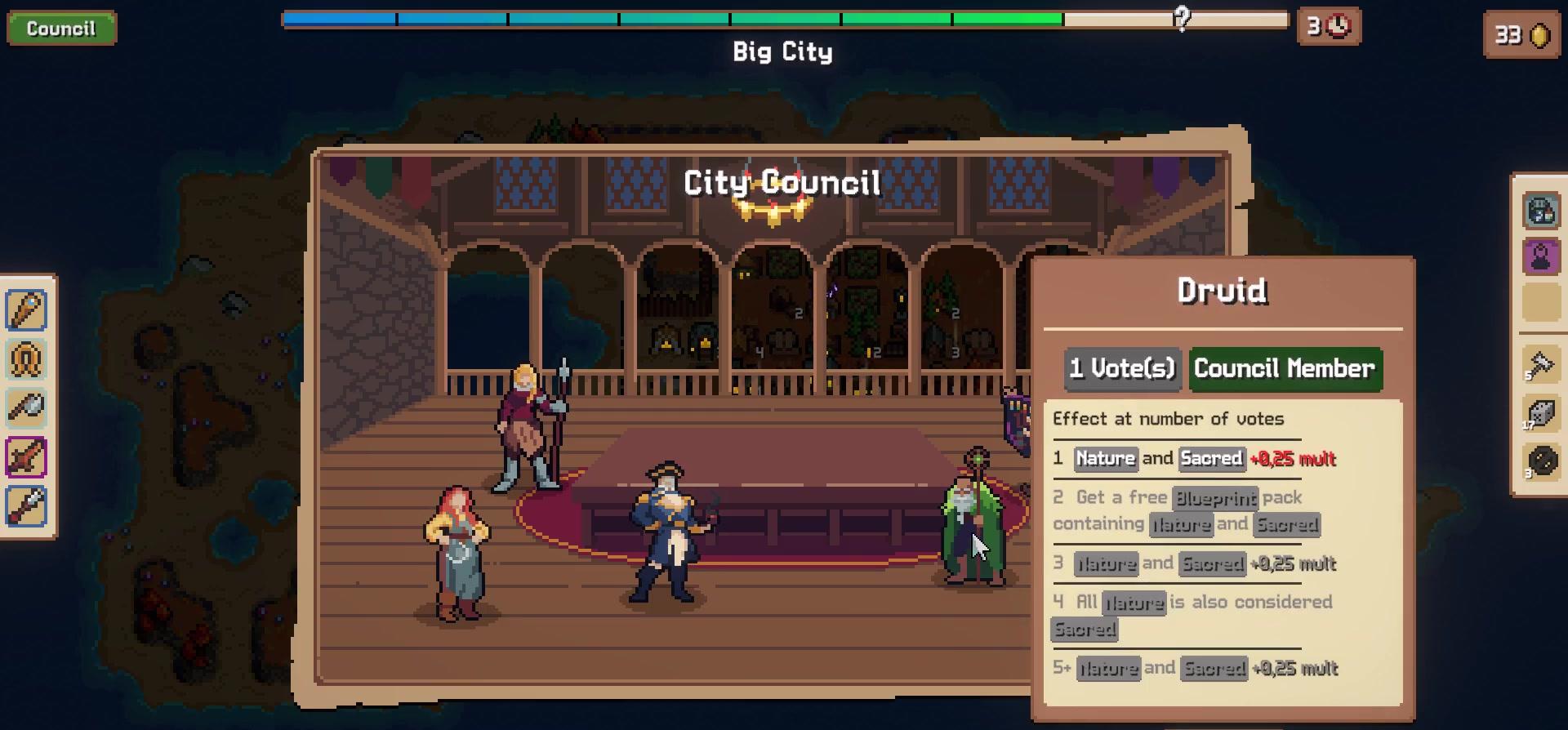The City Council screen in Combolands, showing three councillors in a wooden hall and a panel for the Druid listing bonuses at one to five votes, starting with Nature and Sacred +0.25 mult.