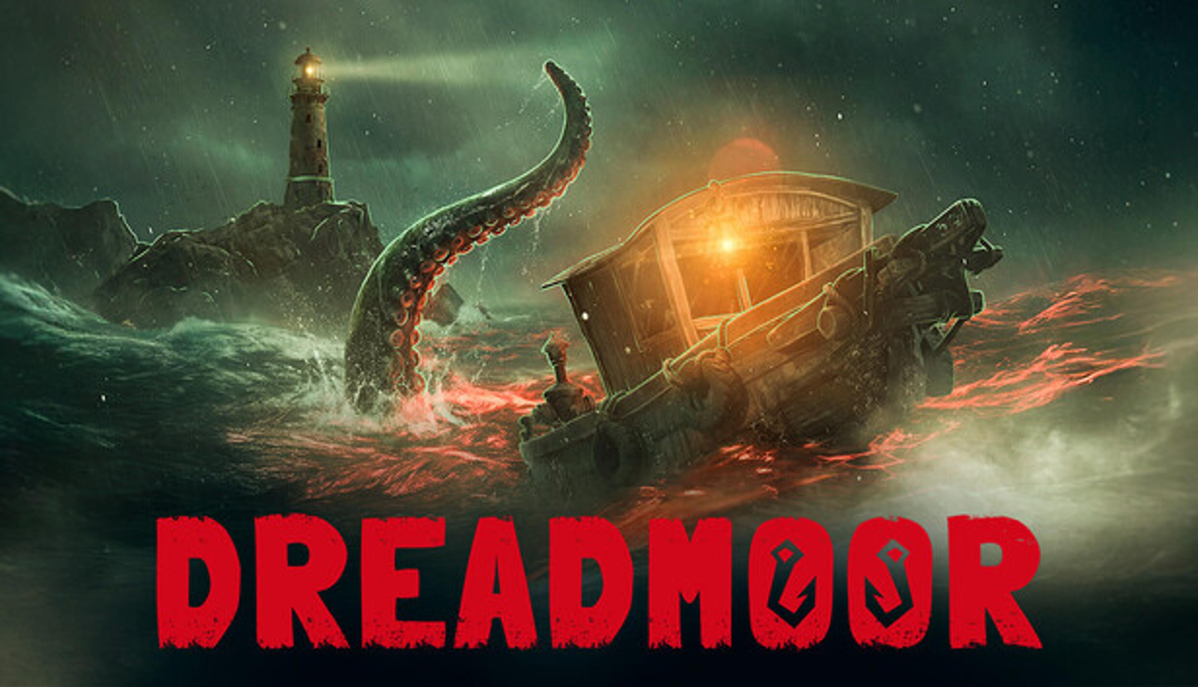 Dreadmoor official Steam art, a tentacle rising beside a fishing boat near a lighthouse