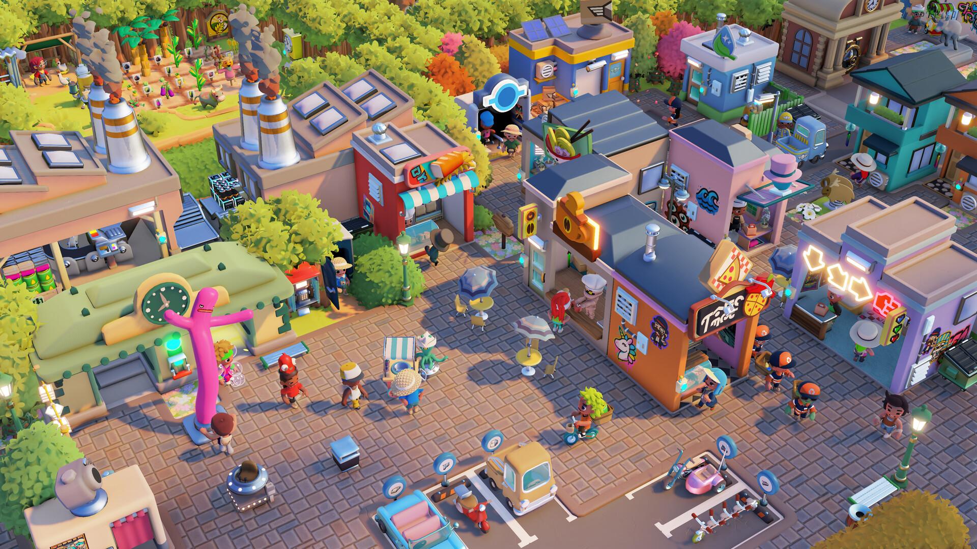 A busy town seen from above: shops, roads, market stalls and townspeople