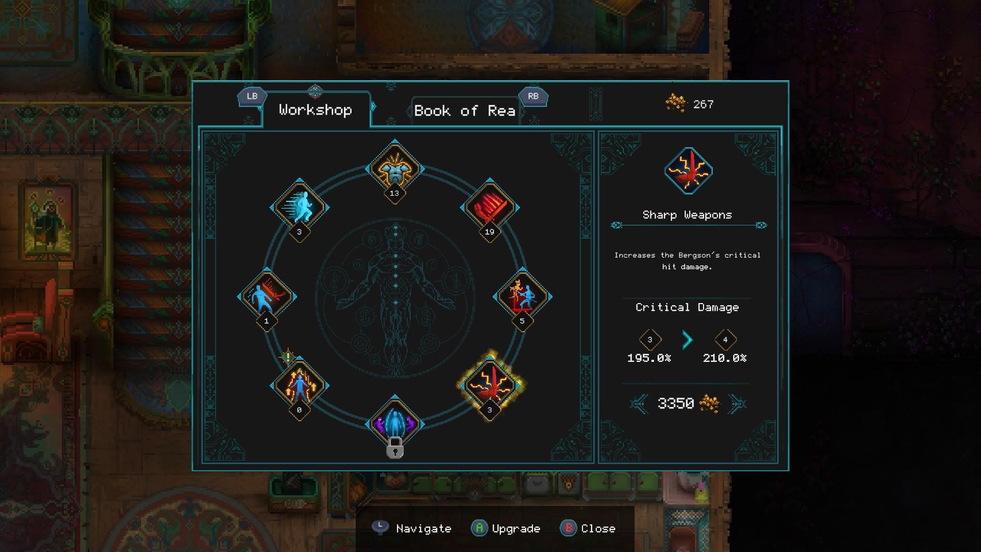 The Workshop upgrade screen in Children of Morta, a ring of eight upgrade icons around a human figure, with Sharp Weapons selected to raise the Bergsons' critical damage from 195% to 210% at a cost of 3,350.