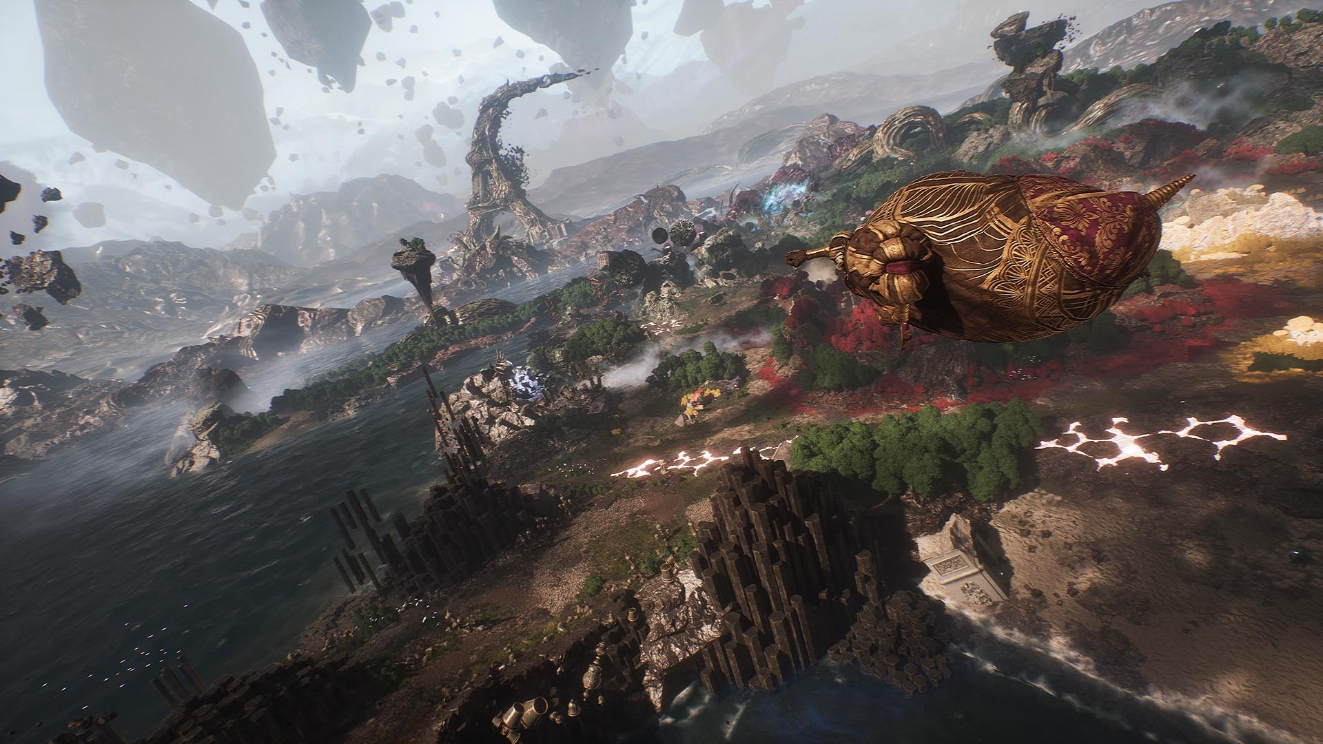 A painterly overworld of floating rock and water seen from above