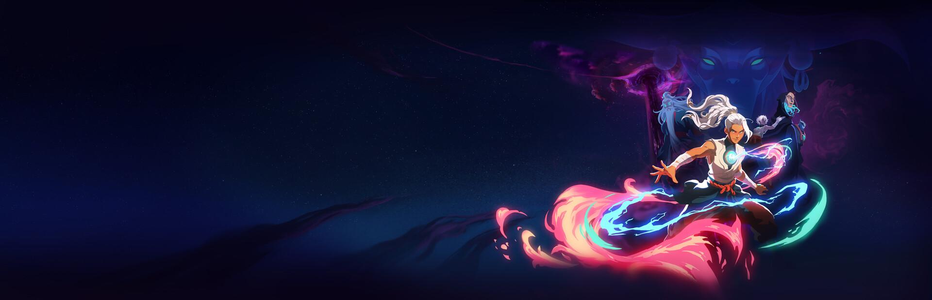 Key art for Echoes of Mystralia showing a white-haired spellcaster surrounded by swirling pink, teal and blue magic, with a shadowy horned beast looming in the dark behind her