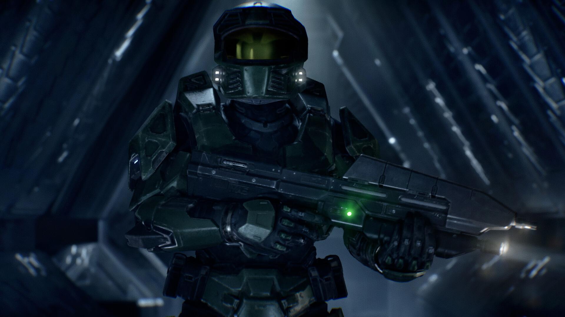 Alone in a Forerunner corridor with nothing to say, which is where this version of the Chief is still most convincing. Screenshot via Steam / Halo Studios