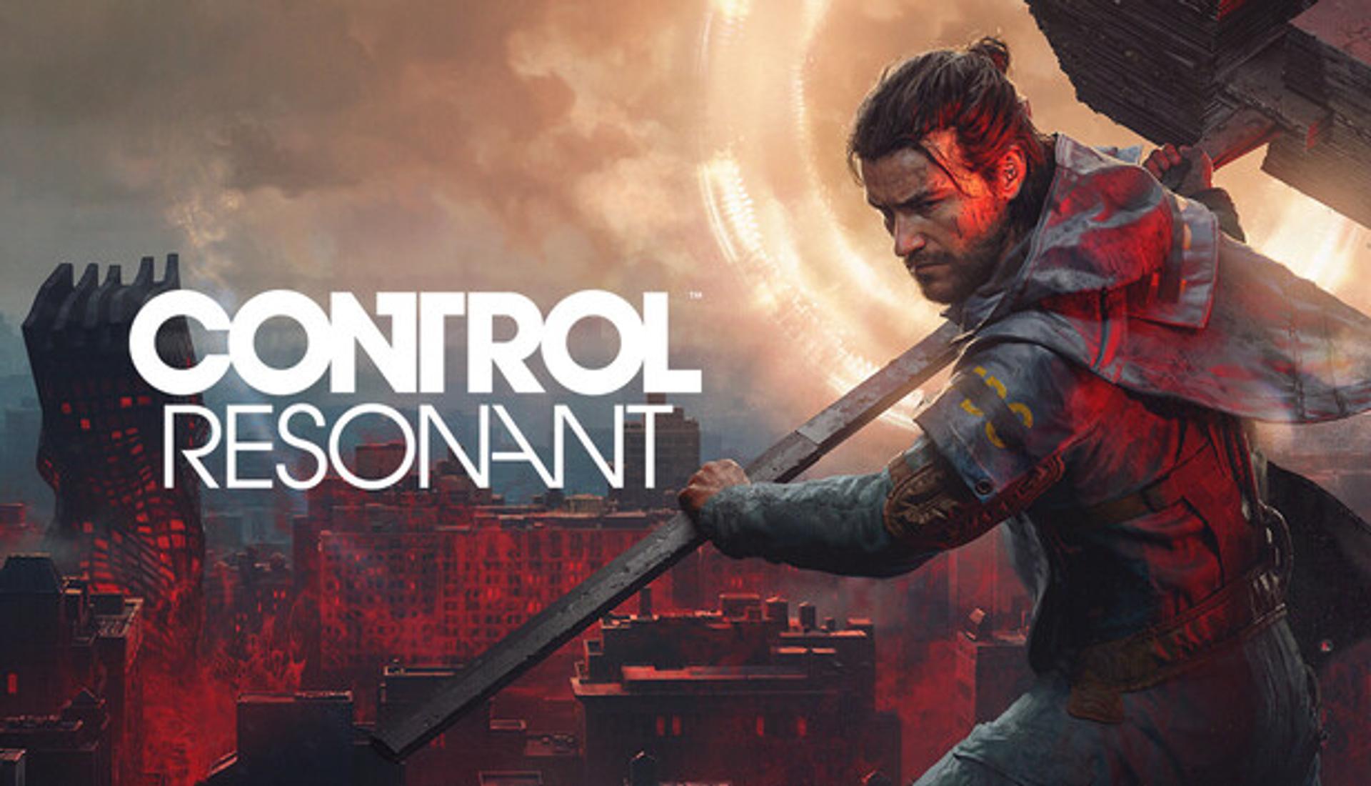 Control Resonant official Steam art, Dylan Faden with a makeshift weapon over a red warped city (Remedy)