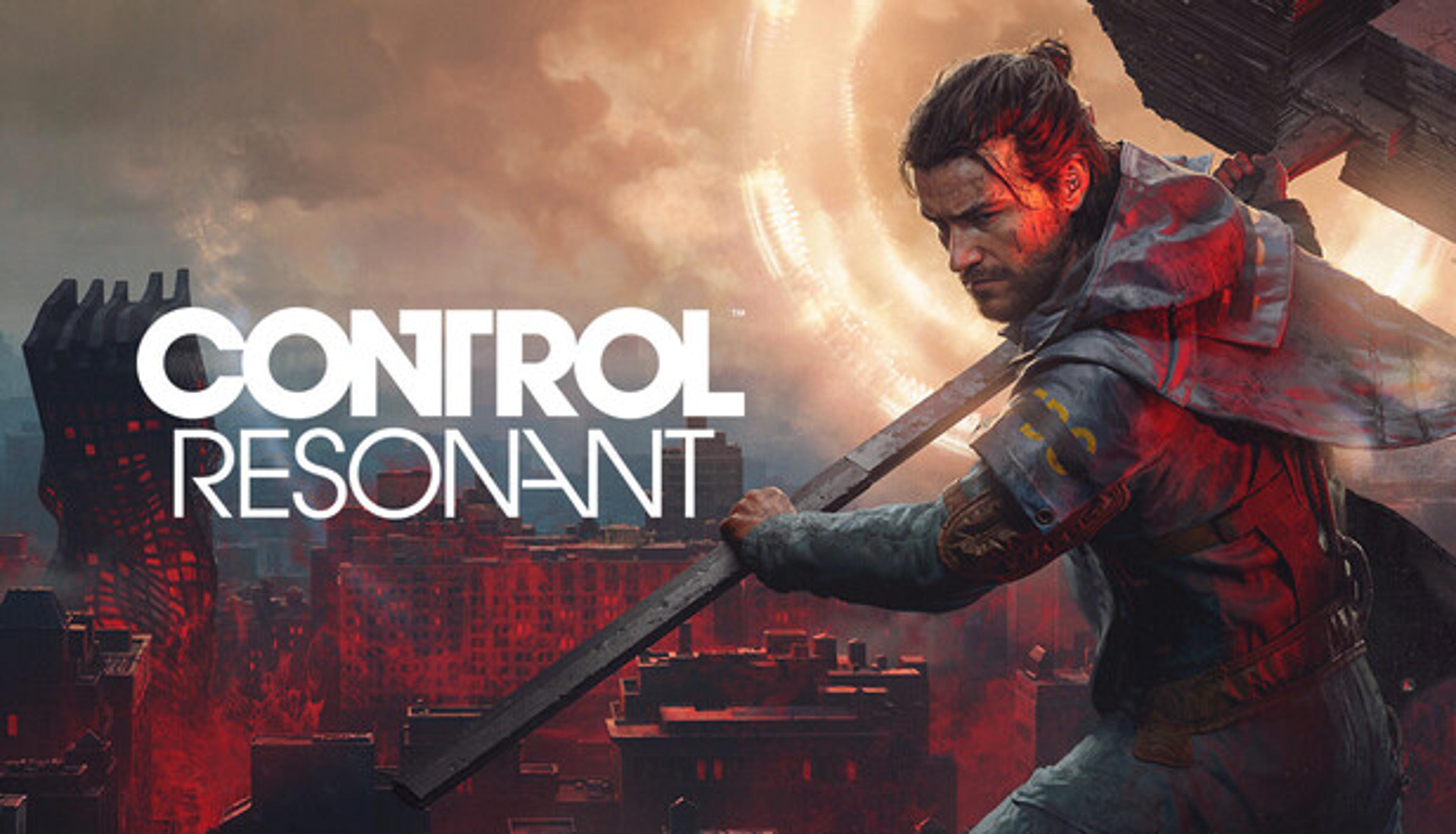 Control Resonant official Steam art, Dylan Faden with a makeshift weapon over a red warped city (Remedy)