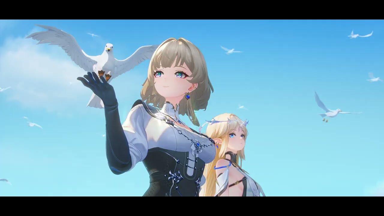 Still from the Wuthering Waves: Elysium teaser showing two characters against a blue sky as a white bird lands on an outstretched gloved hand. Source: official Wuthering Waves YouTube channel, (c) Kuro Games.
