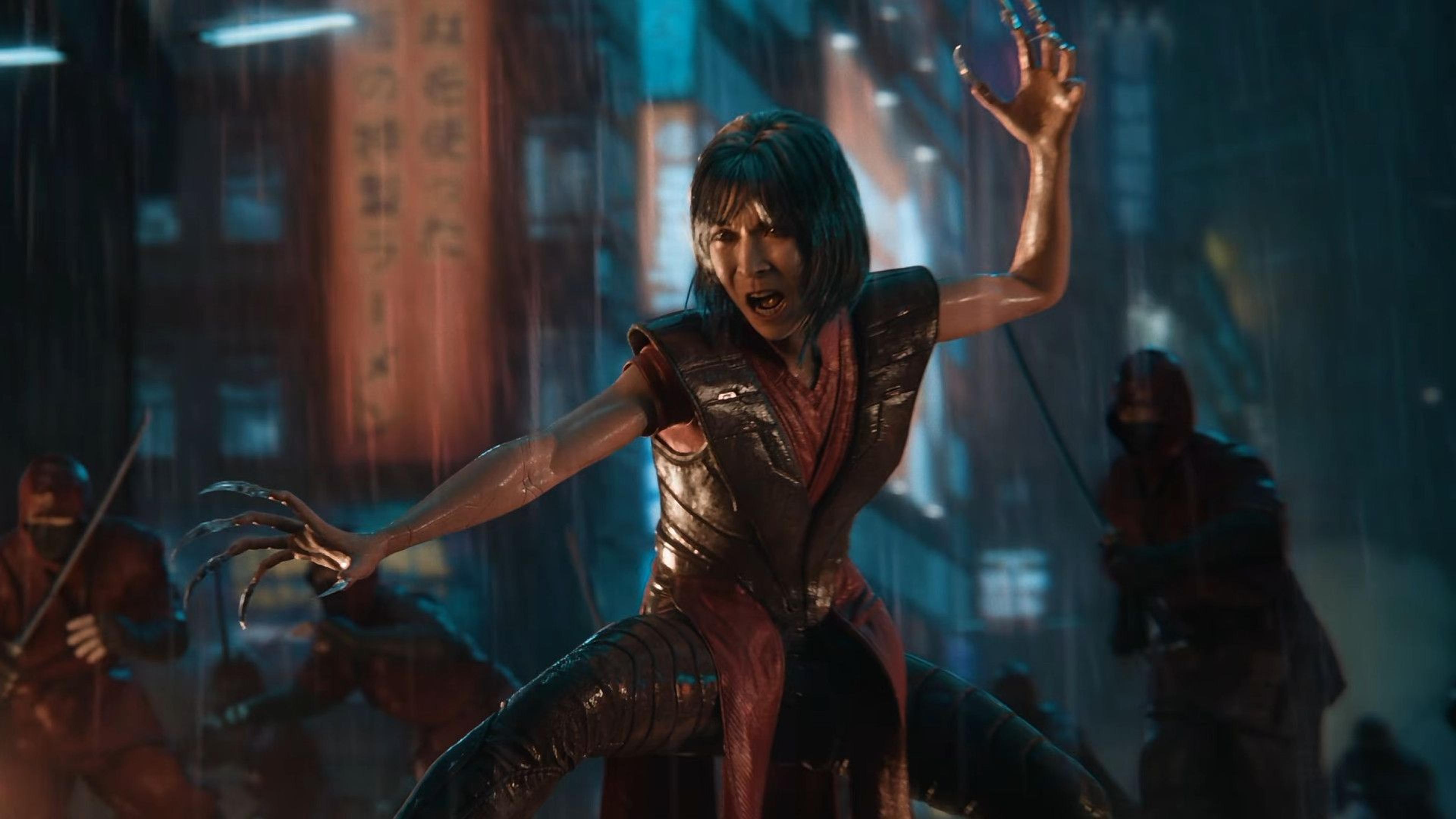 Lady Deathstrike in the rain, still from the official Marvel's Wolverine trailer by Insomniac Games