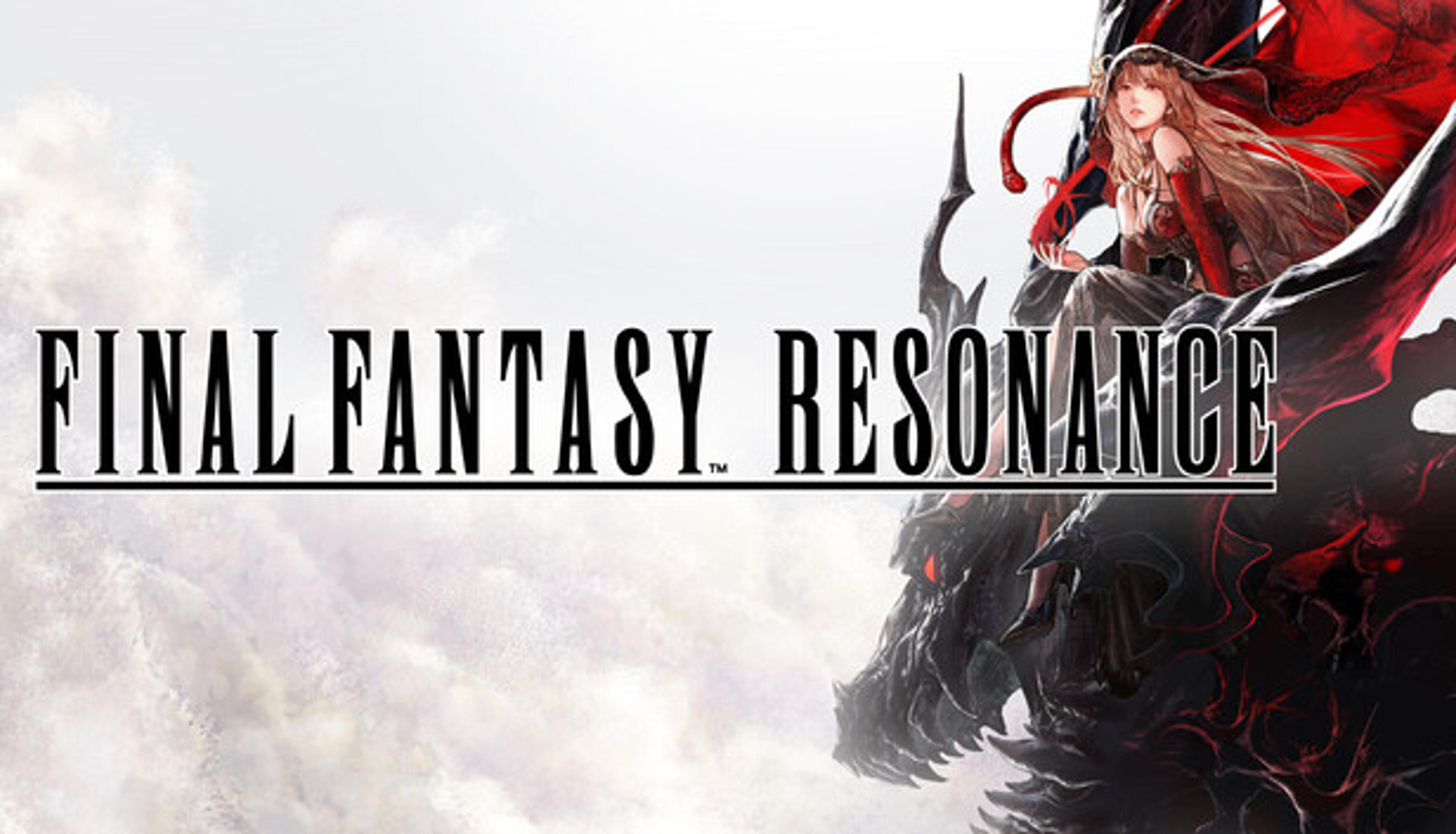 Final Fantasy Resonance official Steam key art from Square Enix, a hooded figure seated on a black dragon