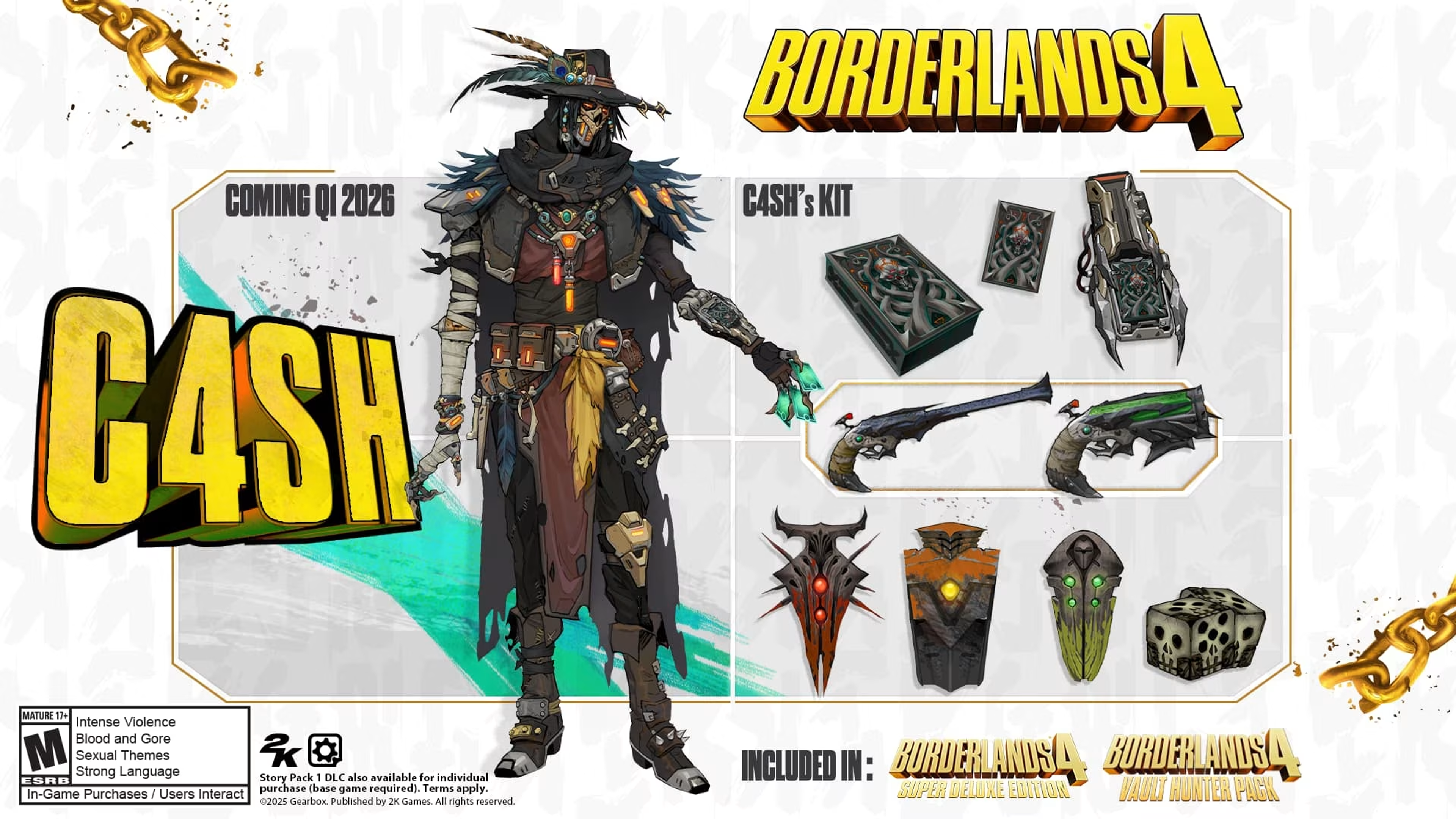 C4SH, the new Vault Hunter coming Q1 2026, shown with his kit of weapons, grenades and class mods