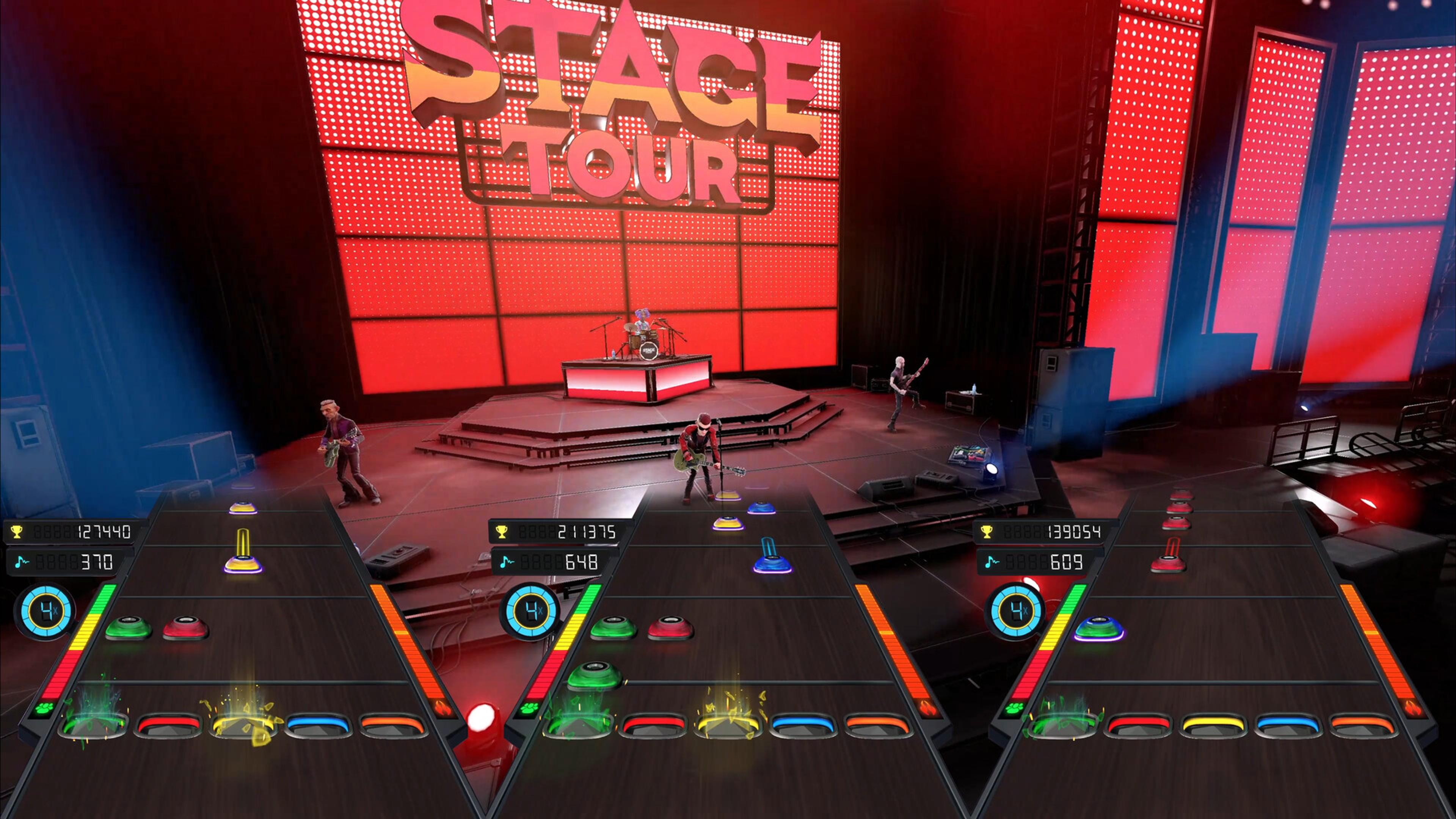 Three note highways and an on-stage band in Stage Tour gameplay. Screenshot: RedOctane Games.