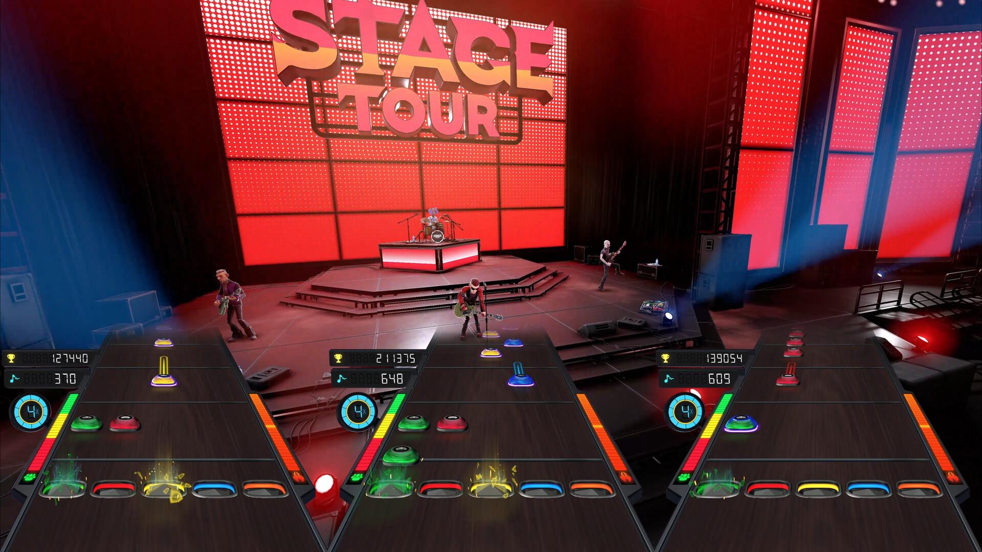 Three note highways and an on-stage band in Stage Tour gameplay. Screenshot: RedOctane Games.